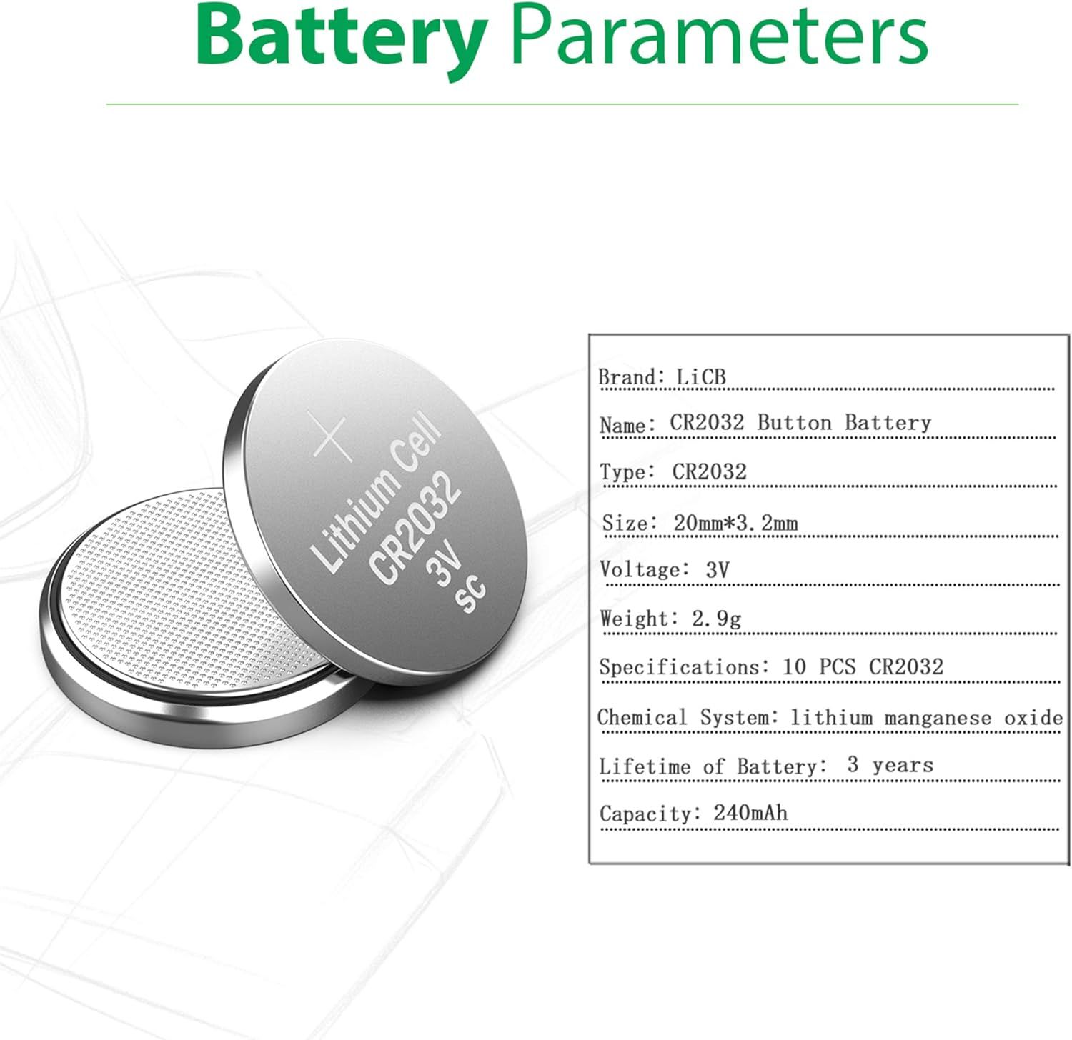 Provides comprehensive technical specifications and parameters for the CR2032 lithium button battery to inform shoppers of all key product details in one organized reference image.