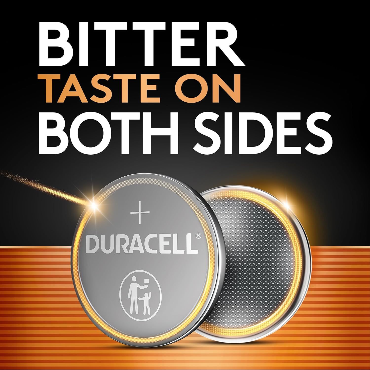 Communicates that the battery has a bitter coating on both sides to deter children from swallowing it, emphasizing child safety. Highlights the product's child-safety feature with a bitter taste…
