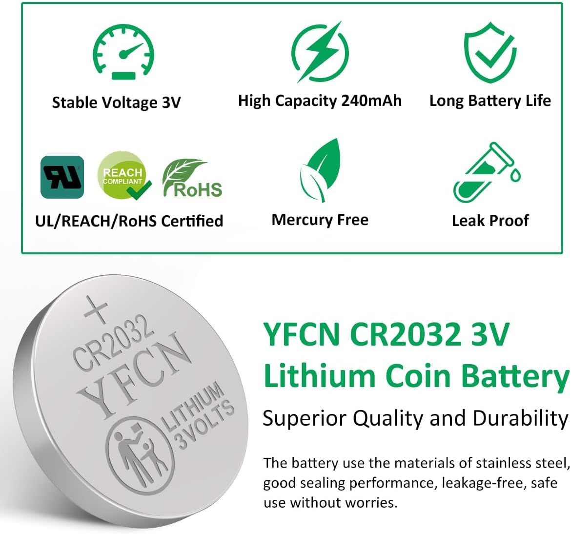 Communicates multiple key benefits and certifications of the CR2032 lithium coin battery in a segmented layout to reassure shoppers of its performance, safety, and environmental responsibility.…