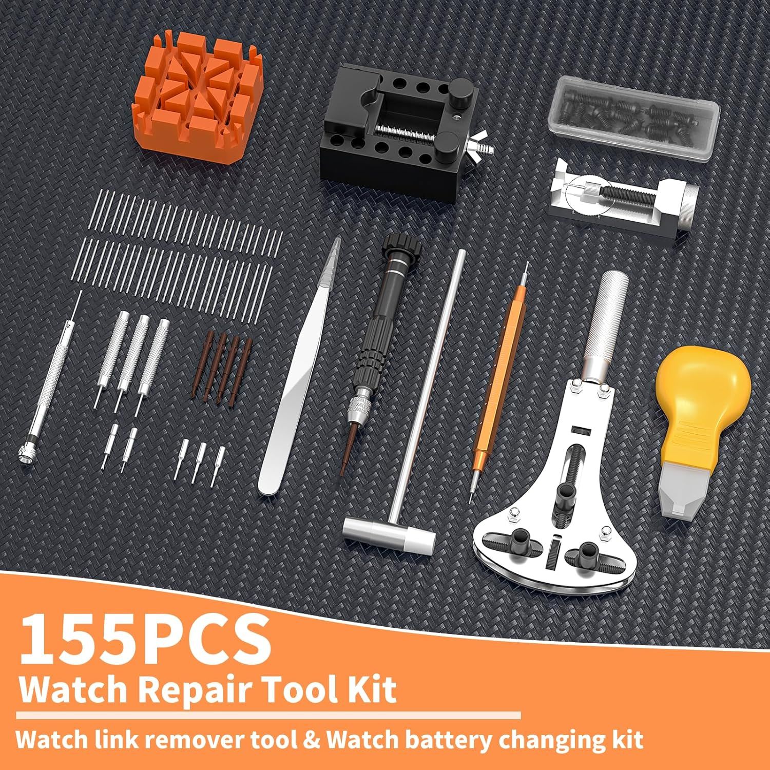 Shows the complete set of tools and accessories included in the watch repair kit, helping shoppers understand the comprehensive value and functionality they receive with their purchase.