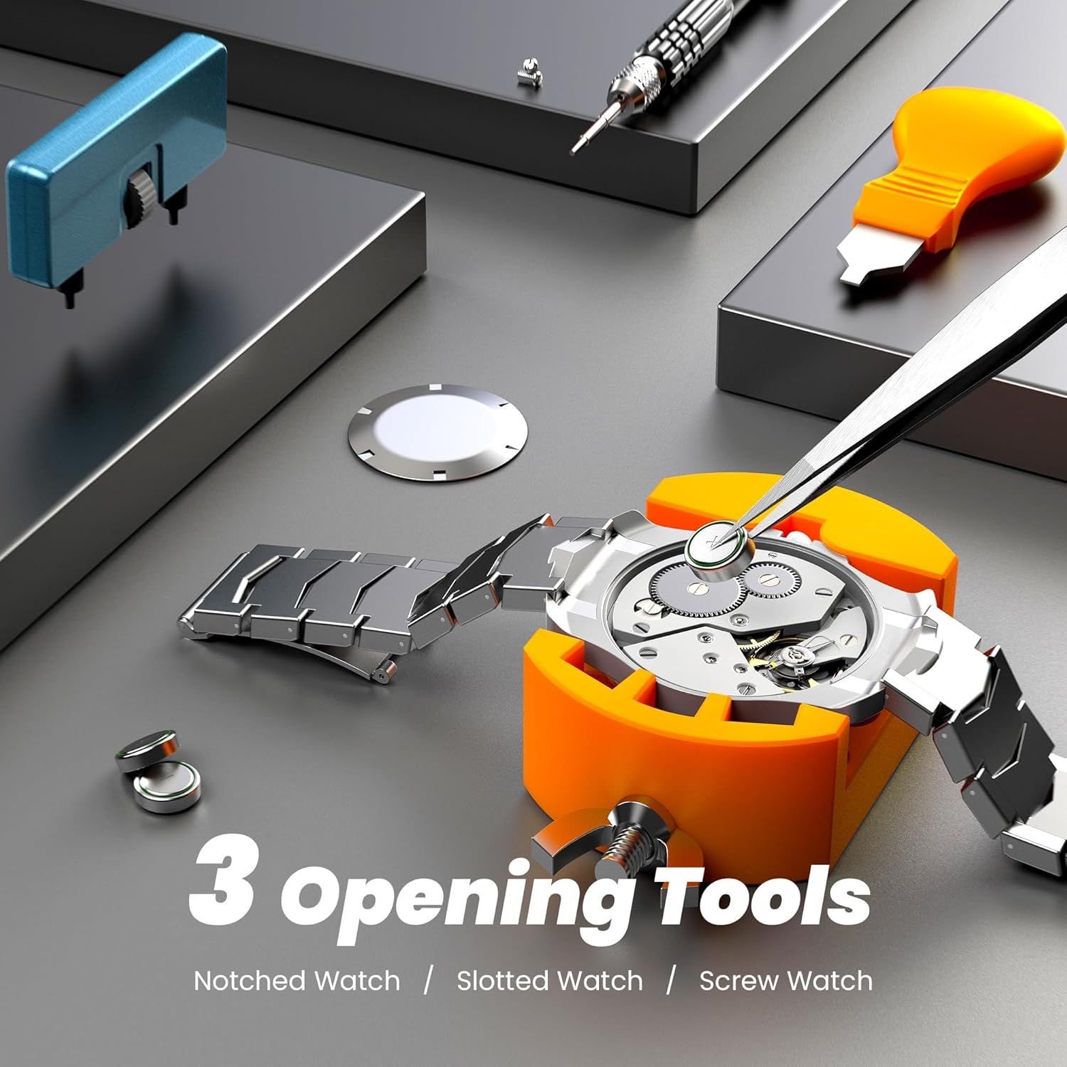 Shows the customer all the tools included in the kit, specifically highlighting 3 different watch opening tools designed for notched, slotted, and screw-type watches.