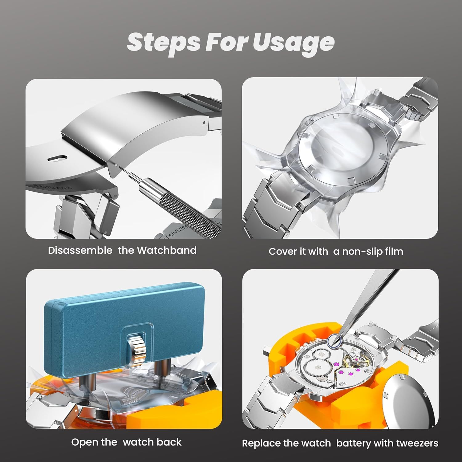 Provides step-by-step visual instructions showing shoppers how to replace a watch battery, reassuring them that the process is straightforward and manageable.