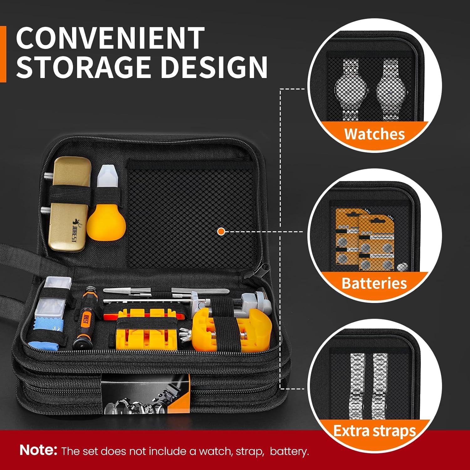 Demonstrates the organized internal layout and storage zones of the case, showing shoppers how different watch accessories and tools can be neatly stored in designated compartments. Shows all the…