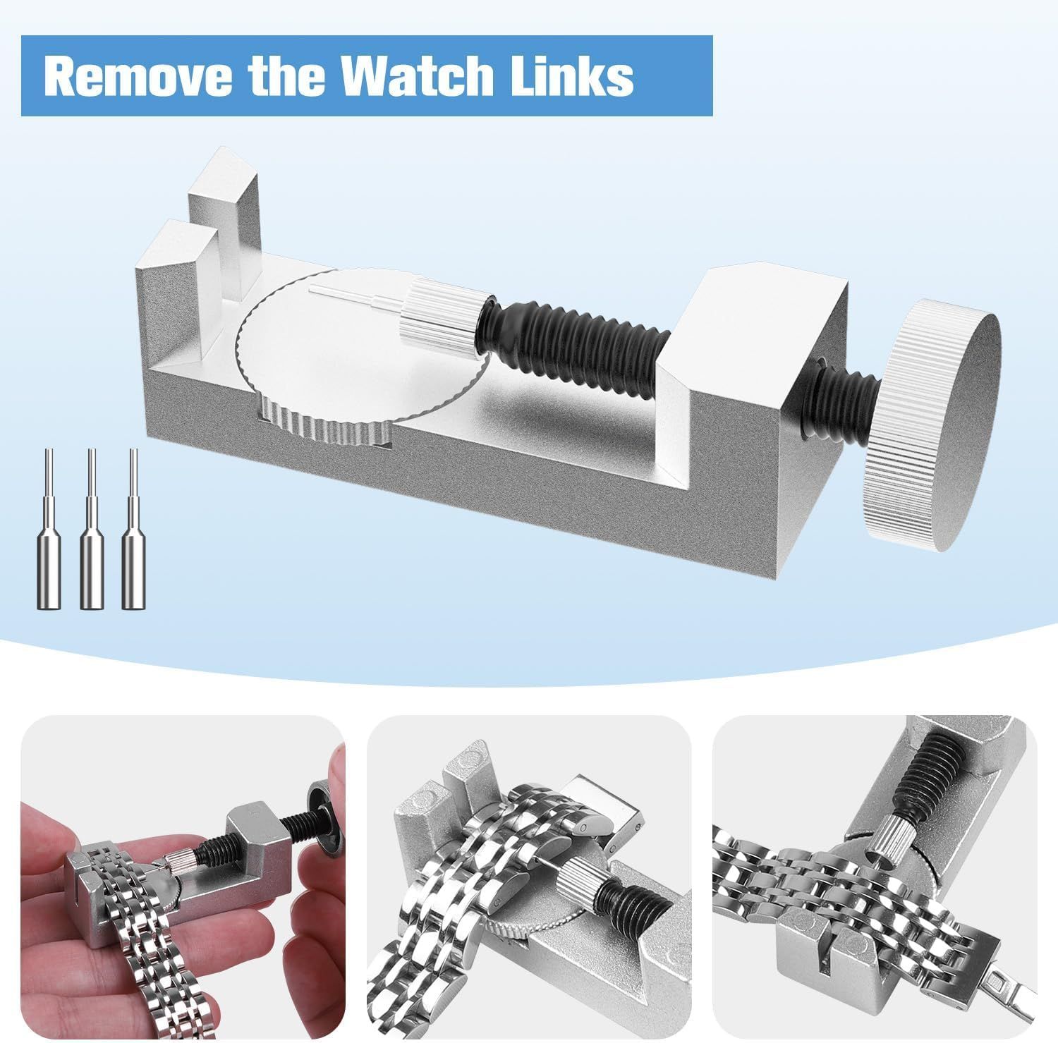 Demonstrates how to use the included tool to remove watch links for sizing adjustment, showing the step-by-step process with visual instructions.