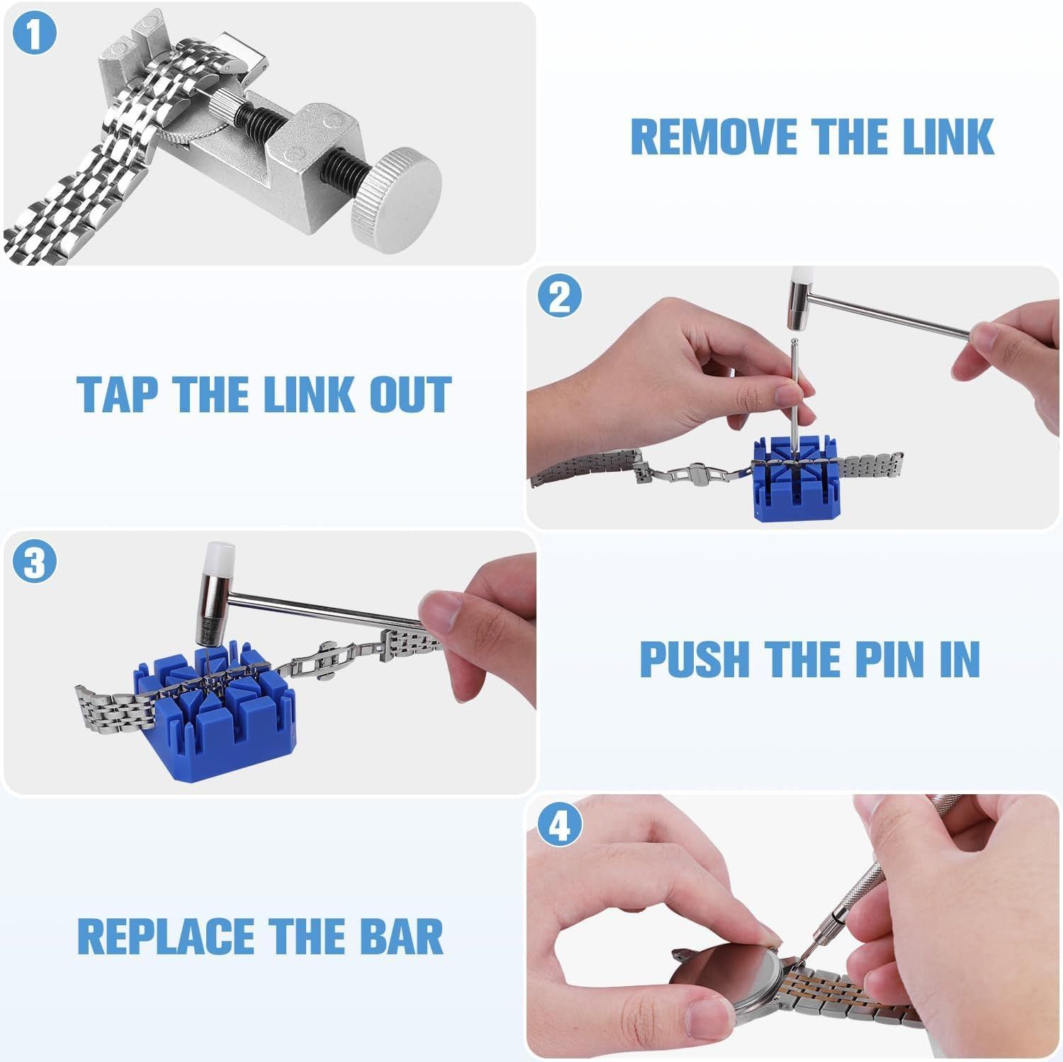 Provides step-by-step instructions on how to adjust a watch band by removing links, tapping out pins, and reassembling the band, helping shoppers understand the ease of customizing the fit.