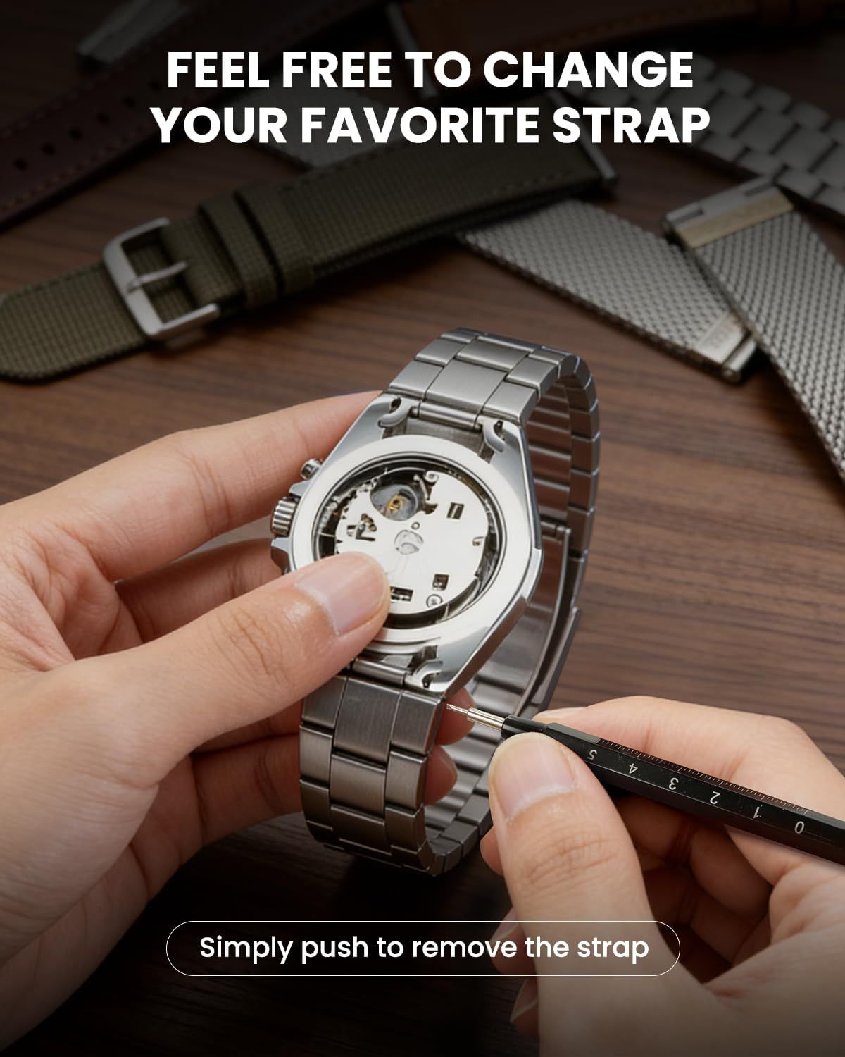 Demonstrates how simple it is to remove and change the watch strap, reassuring shoppers that customization is quick and tool-free. Highlights the product's interchangeable strap feature, emphasizing…