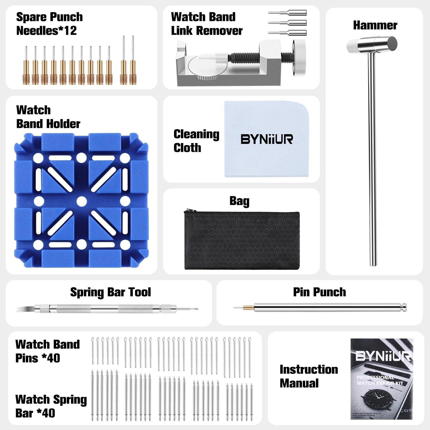 Shows all the tools and accessories included in the watch repair kit to help shoppers understand the complete value and functionality of the bundle.