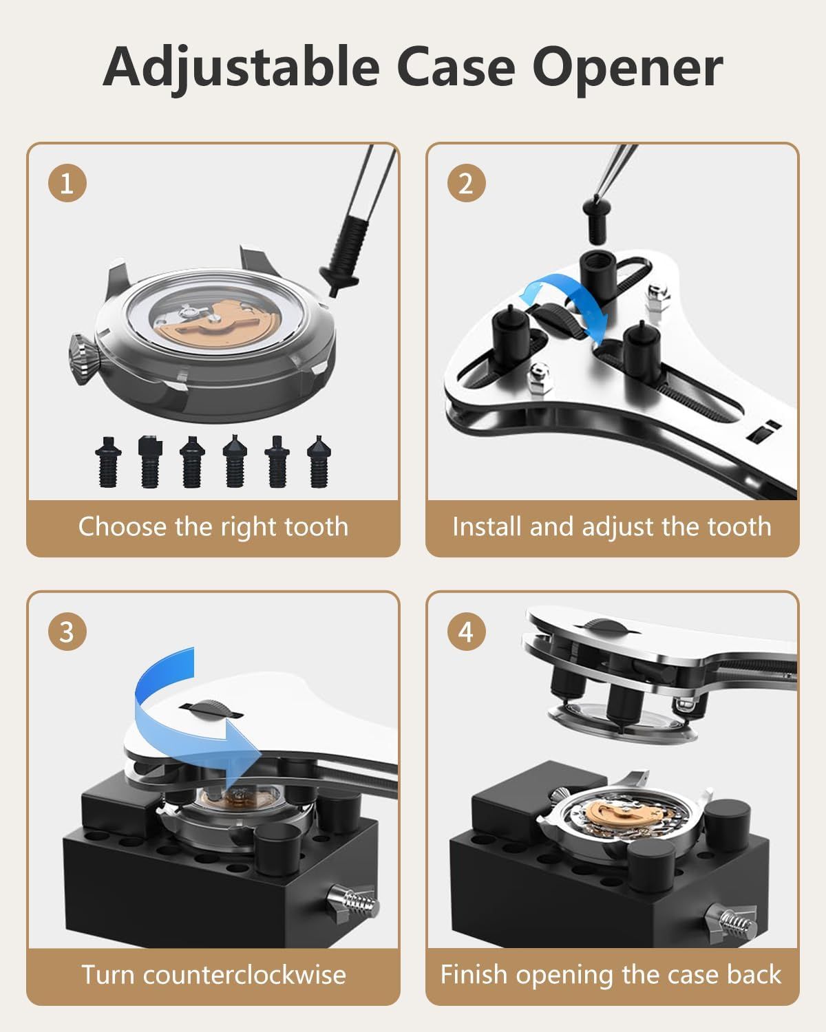 Demonstrates the complete 4-step process for using the adjustable case opener tool to open watch case backs, providing clear sequential guidance to help users successfully operate the tool.
