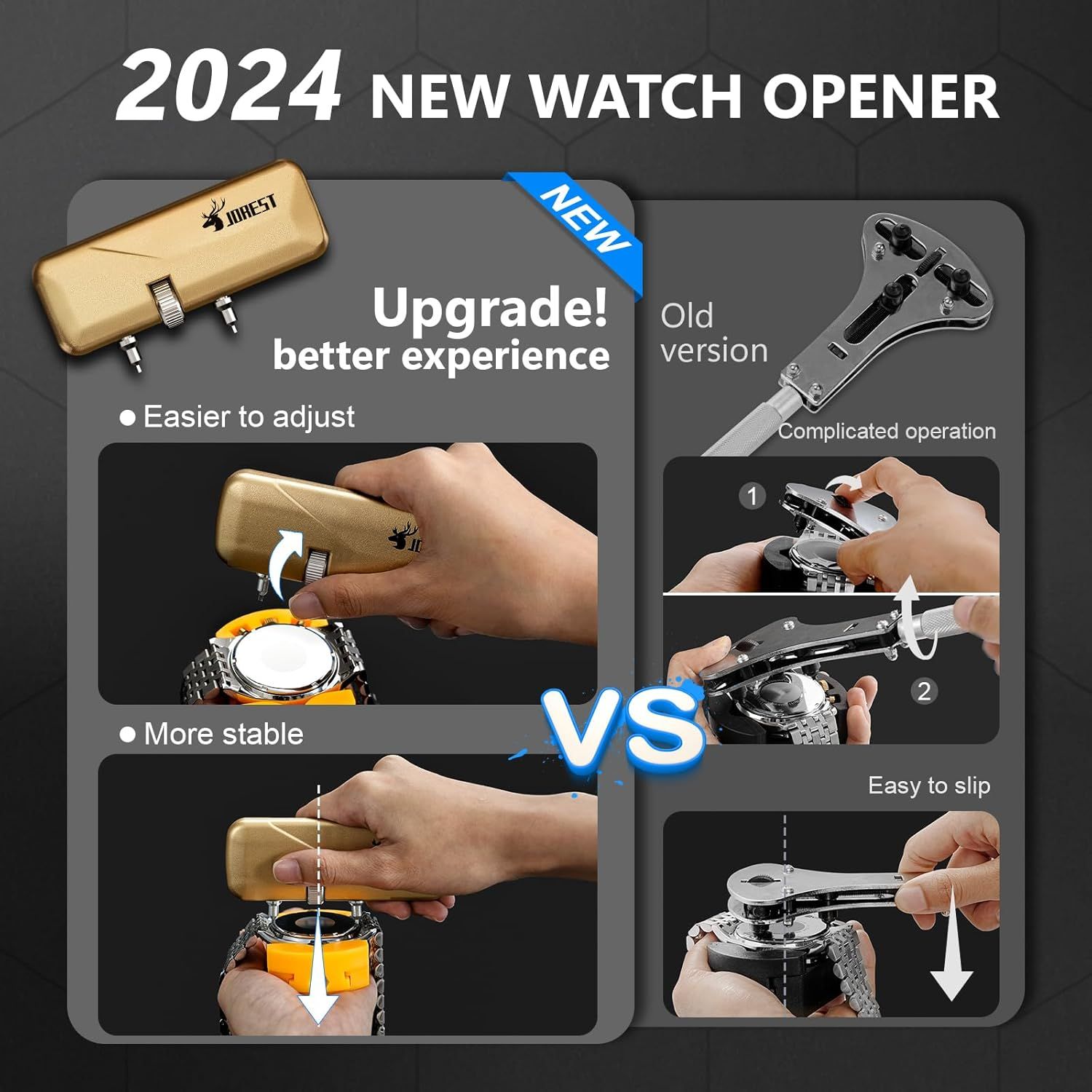 Demonstrates the superiority of the 2024 upgraded watch opener tool versus the old version by showing it's easier to adjust, more stable, and simpler to operate.