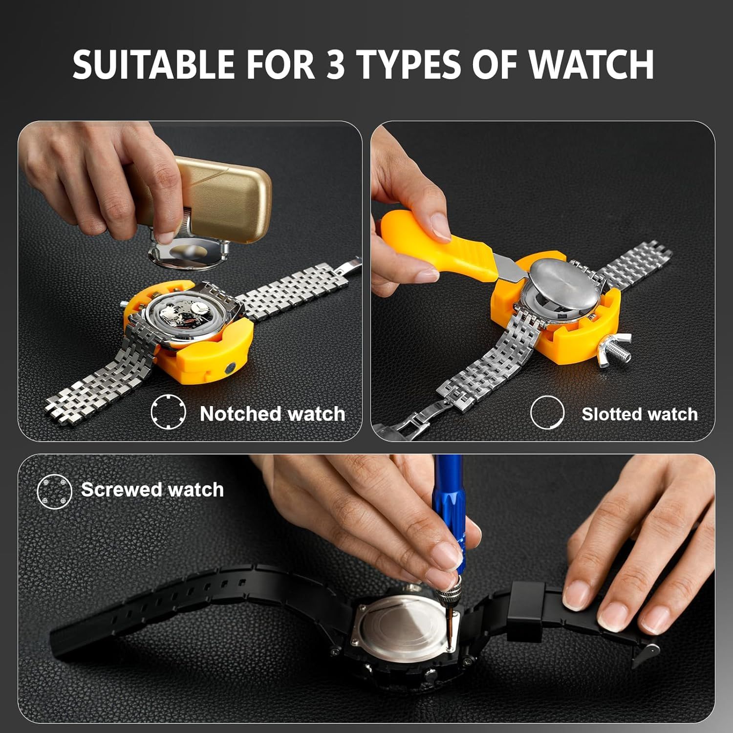 Demonstrates the versatility of the watch tool by showing it works with three different watch band attachment types, reassuring shoppers of broad compatibility.