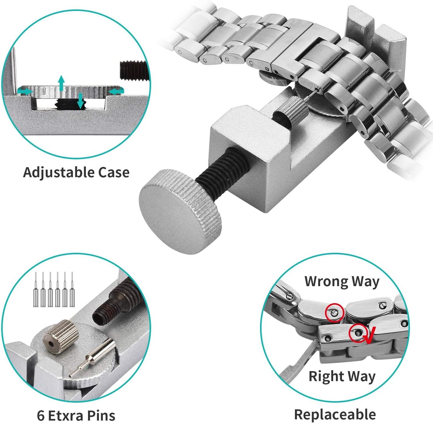 Communicates multiple product benefits in a segmented layout, showing the adjustable case mechanism, included extra pins, and correct installation method to reassure shoppers of versatility,…