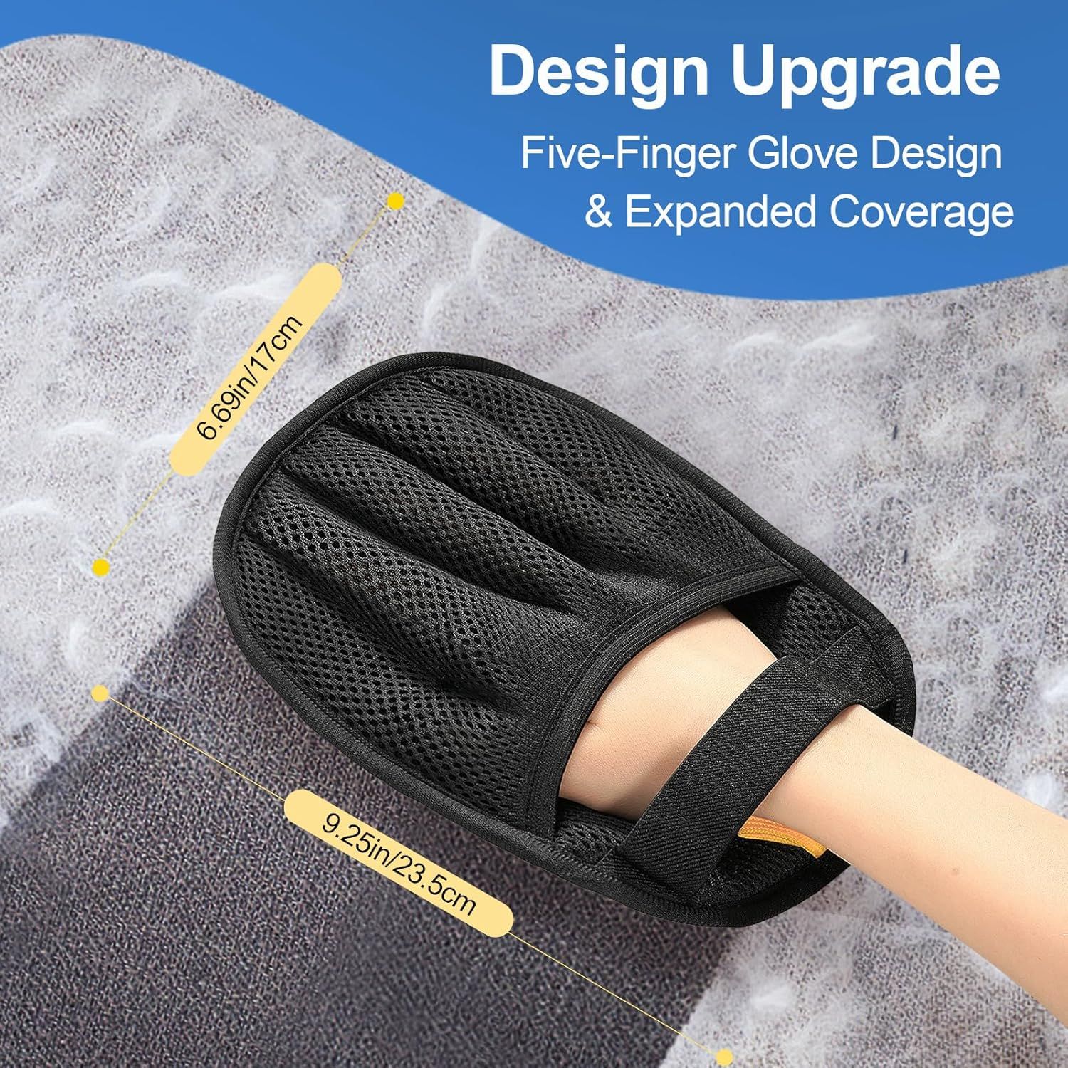 Communicates the exact physical dimensions of the glove and highlights the upgraded five-finger design with expanded coverage to help shoppers understand the product's size and improved design.…