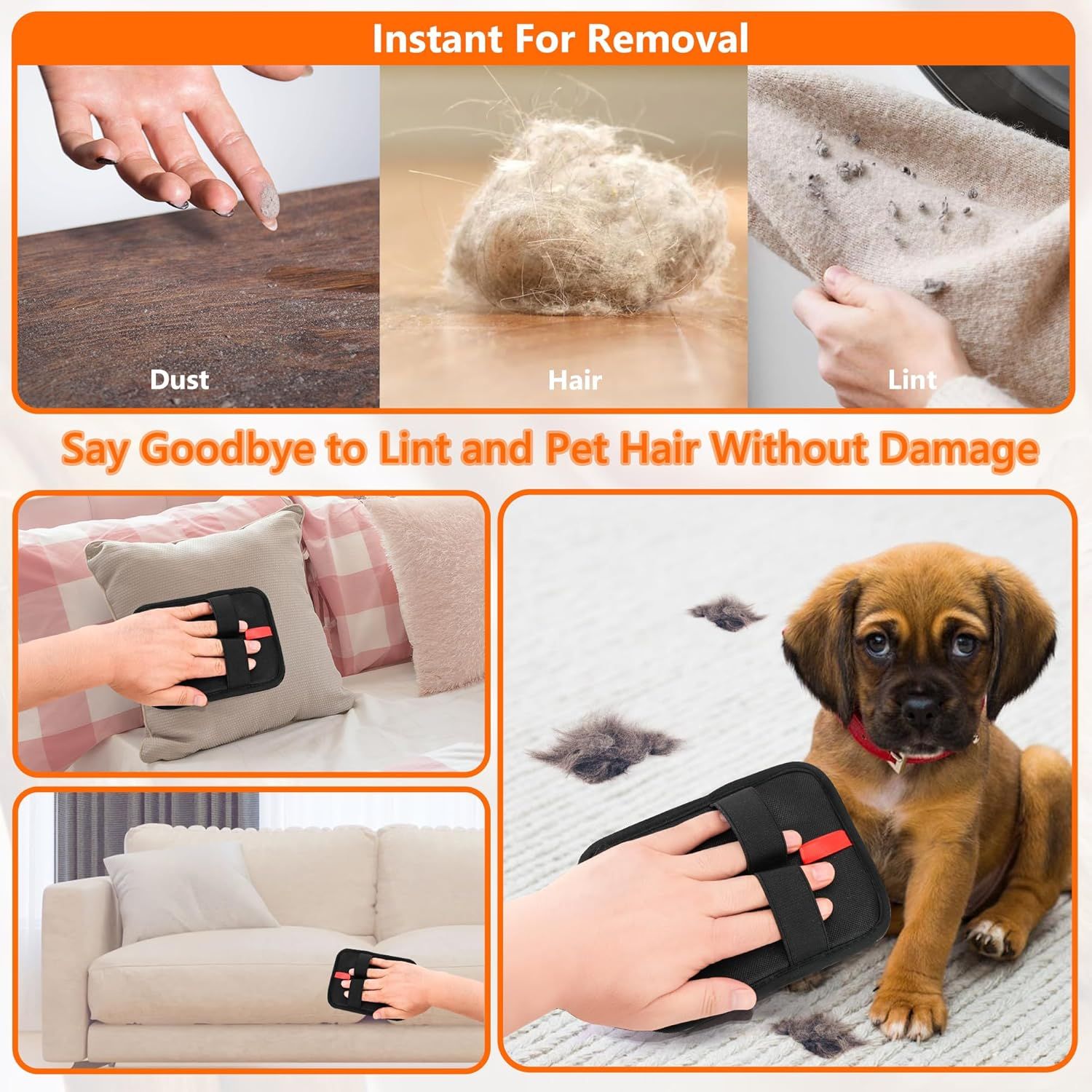 Demonstrates the product's versatility by showing multiple use cases across different surfaces and cleaning scenarios, including removing dust, hair, and lint from furniture, carpets, and fabrics.…
