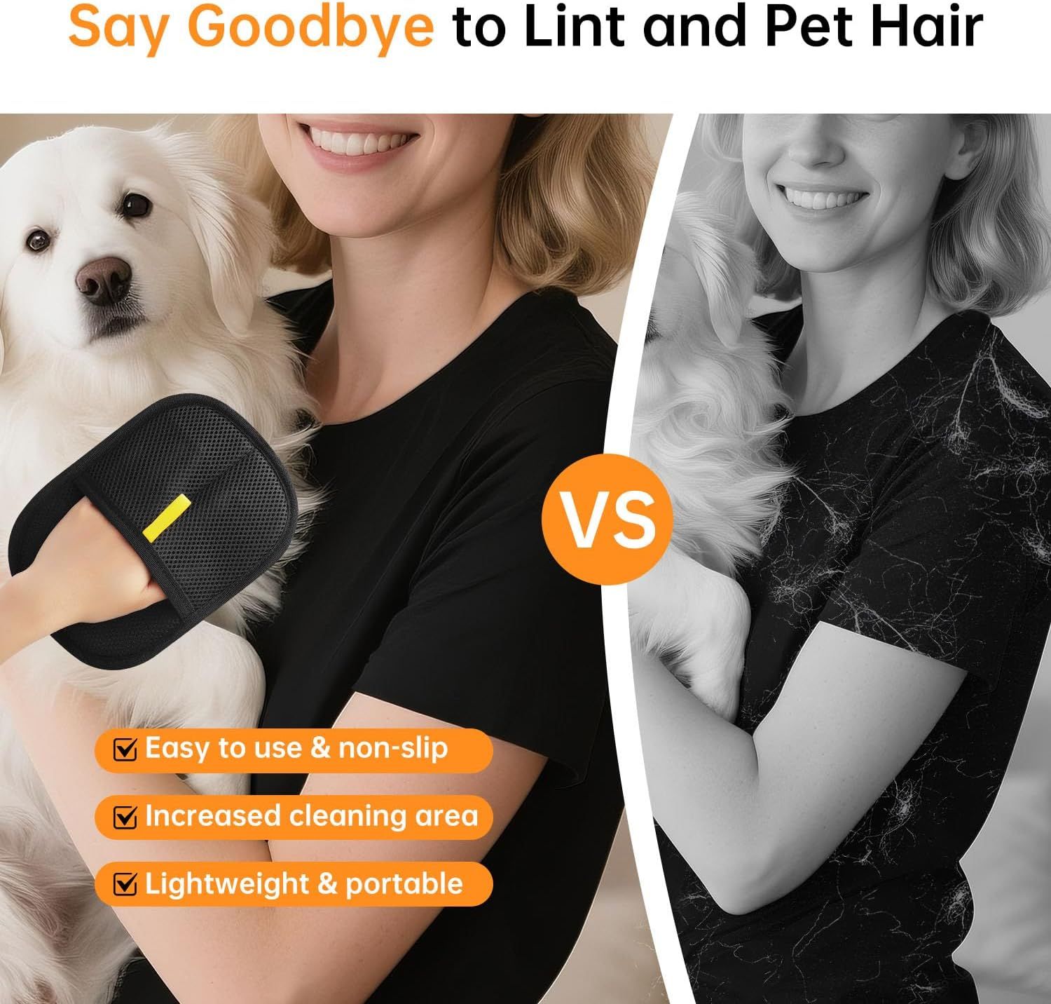 Demonstrates the product's superior ability to remove pet hair and lint compared to a generic alternative, showing a clean result versus a hair-covered surface. Highlights three distinct product…