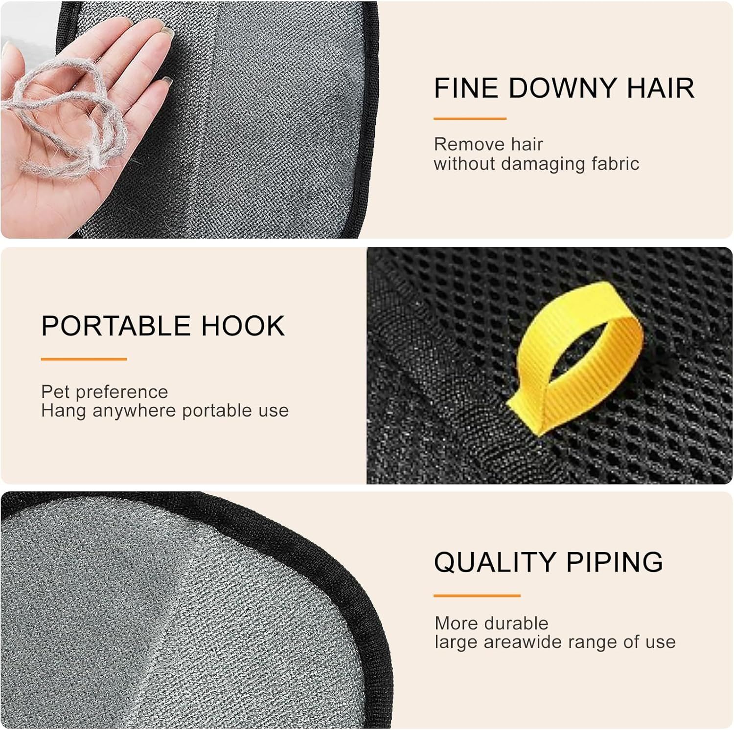 Showcases three distinct product benefits in a segmented layout: gentle hair removal without fabric damage, portability with a hanging hook, and durable construction with quality piping for…