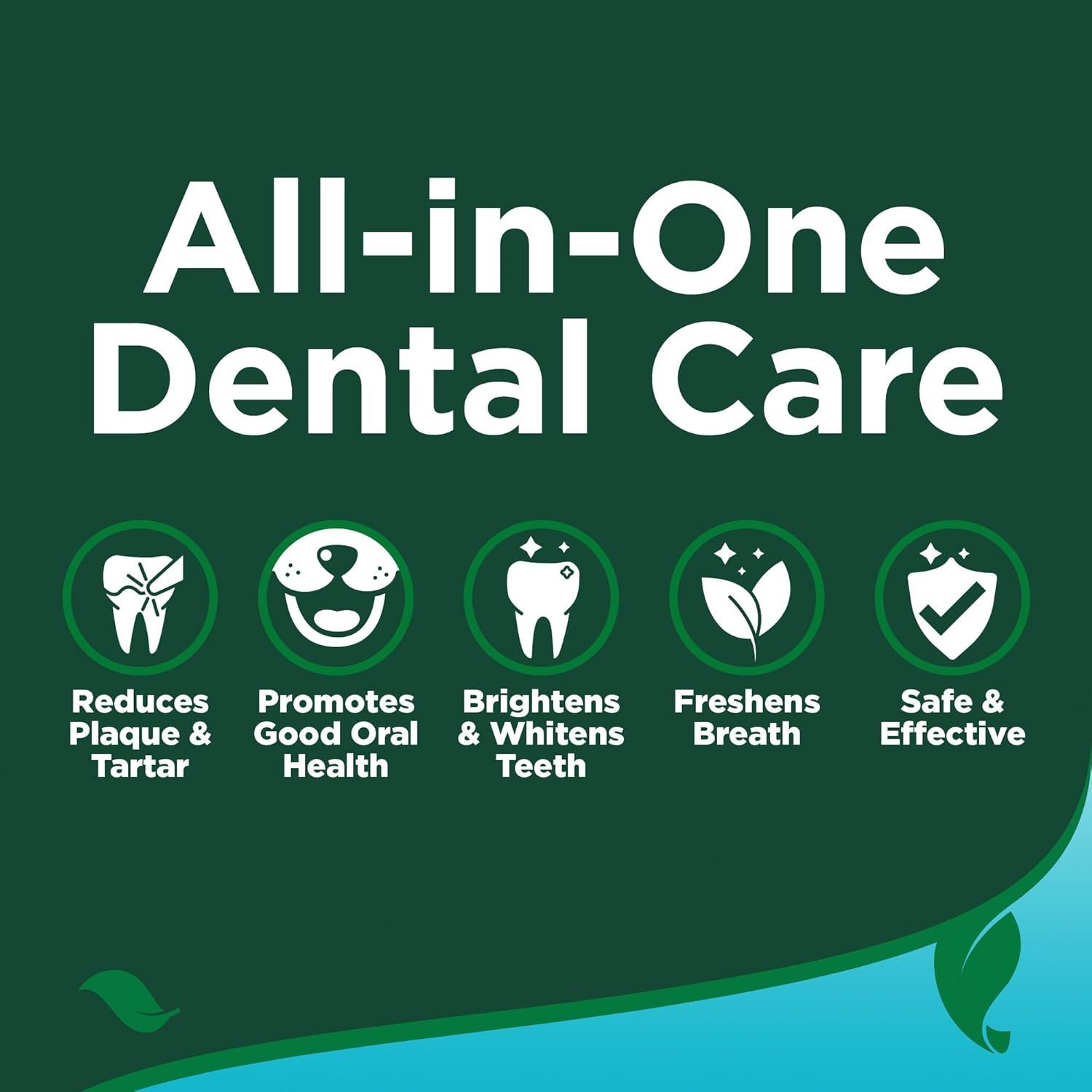 Communicates the comprehensive dental care benefits of the product by showcasing five distinct advantages in a segmented icon-based layout to reassure…