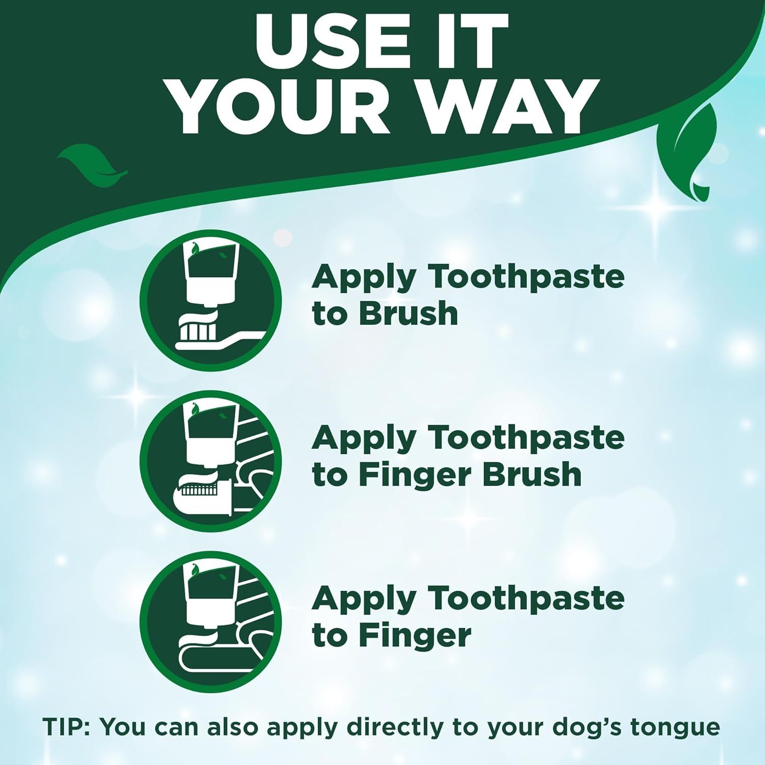 Demonstrates three different ways to apply the toothpaste product, giving pet owners flexibility in how they use it with their dog. Shows multiple application…