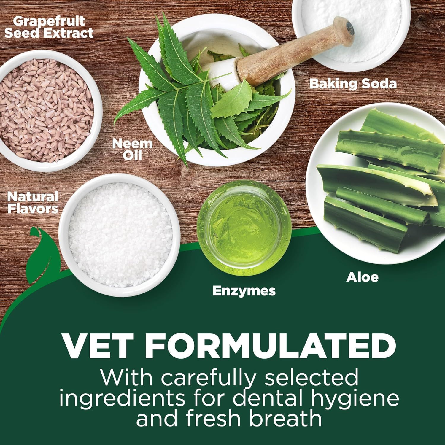 Breaks down the individual natural ingredients in the vet-formulated dental product to reassure pet owners about the quality and safety of the formula for dental hygiene and fresh breath.