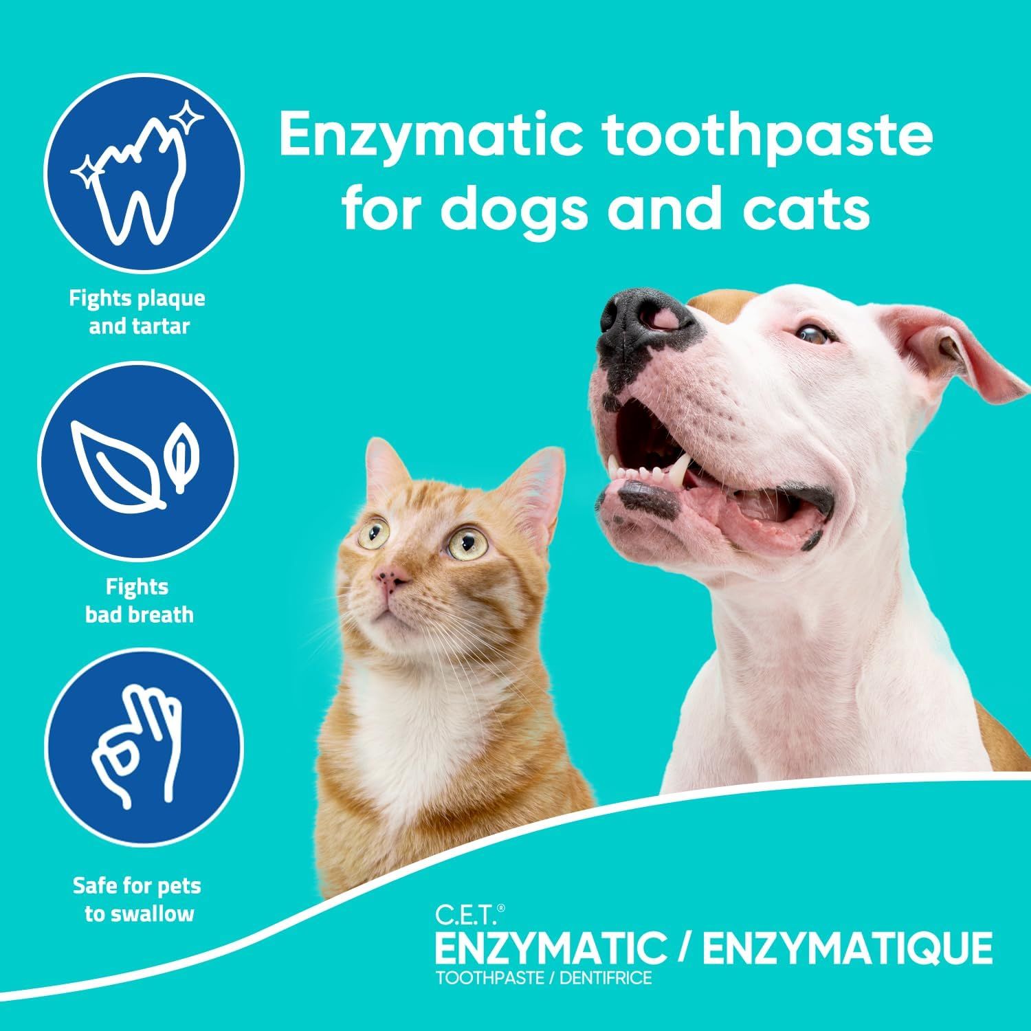 Communicates multiple distinct benefits of the enzymatic toothpaste in a visually segmented layout with icons, reassuring pet owners that the product…