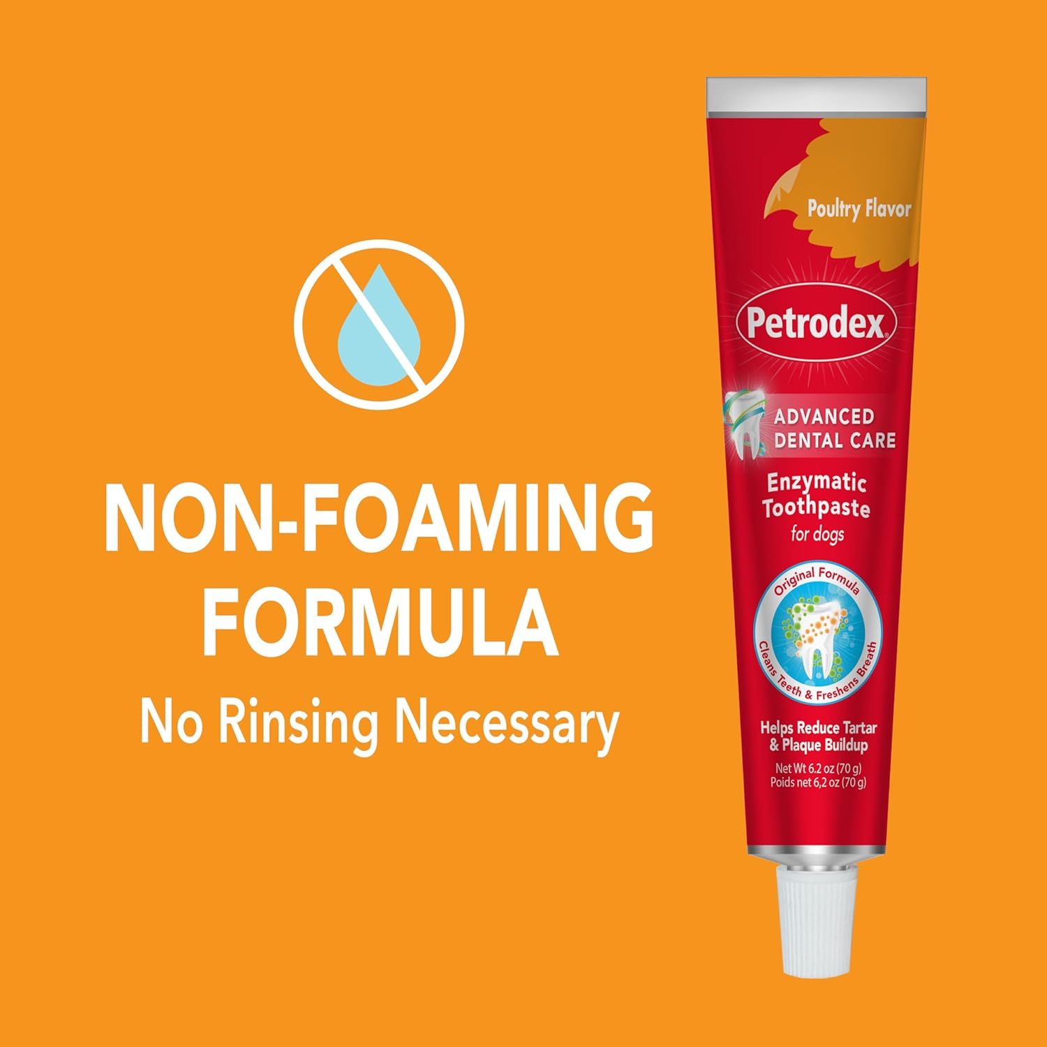 Highlights the convenience of the non-foaming formula that requires no rinsing, making dental care easier for dog owners.