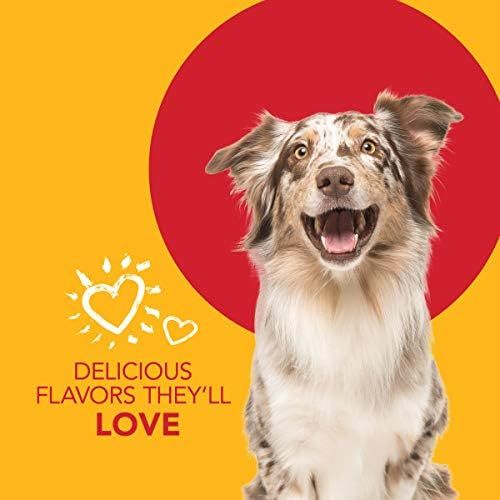 Communicates that the product has flavors dogs will love, using an enthusiastic dog image to emotionally connect with pet owners and reassure them about taste…
