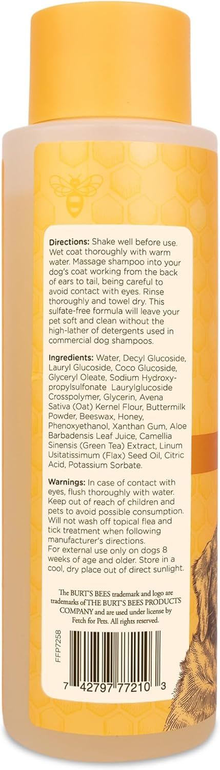 Shows the back label of the dog shampoo bottle with directions, ingredients, and warnings to provide shoppers with detailed product information.
