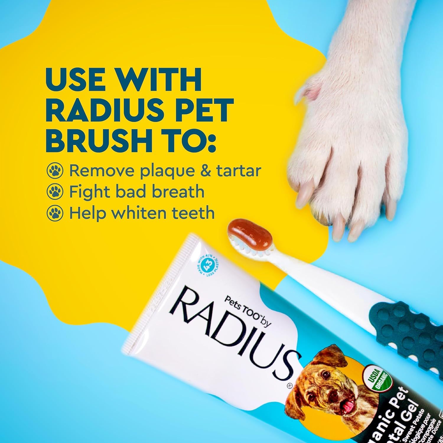 Instructs shoppers on how to use the RADIUS pet toothpaste with a pet brush to achieve three key dental benefits: removing plaque and tartar, fighting bad…