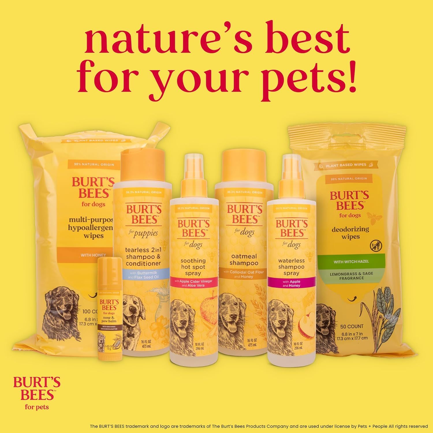 Showcases the full Burt's Bees for Dogs product lineup to communicate the brand's natural pet care philosophy and help shoppers understand the variety of options available within the brand's…