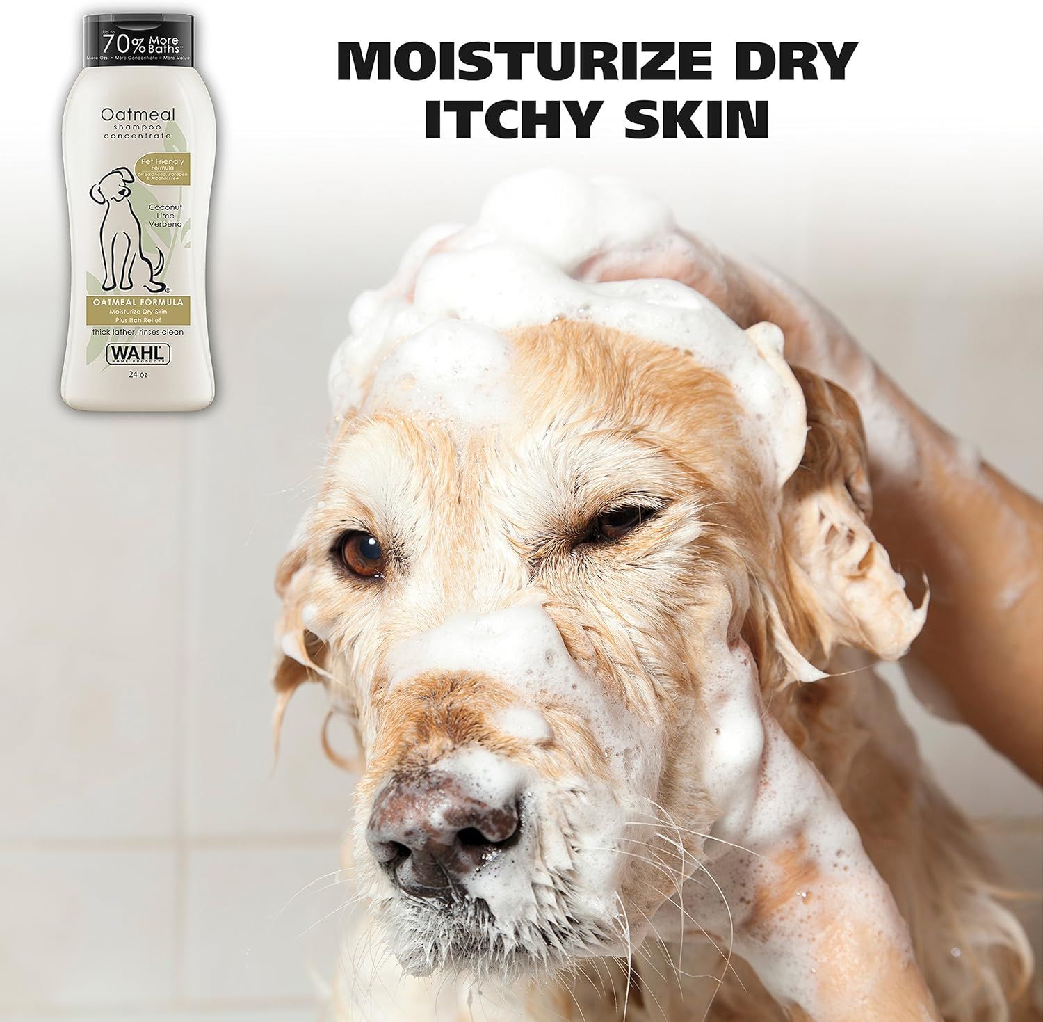 Communicates that the oatmeal shampoo effectively moisturizes and soothes dry, itchy skin on pets, reassuring pet owners of its therapeutic benefits.