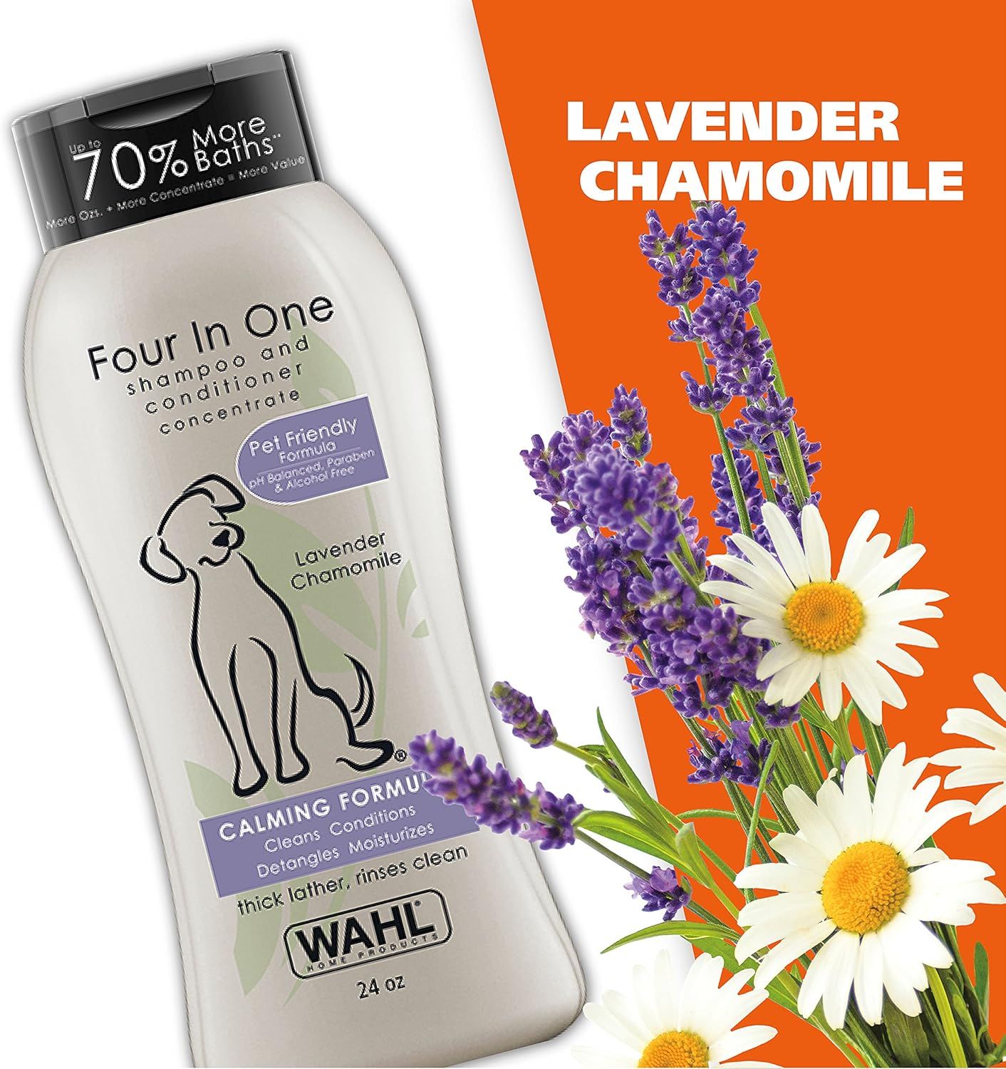 Highlights the calming lavender and chamomile formula to communicate the soothing, gentle nature of this pet shampoo and appeal to pet owners seeking a…
