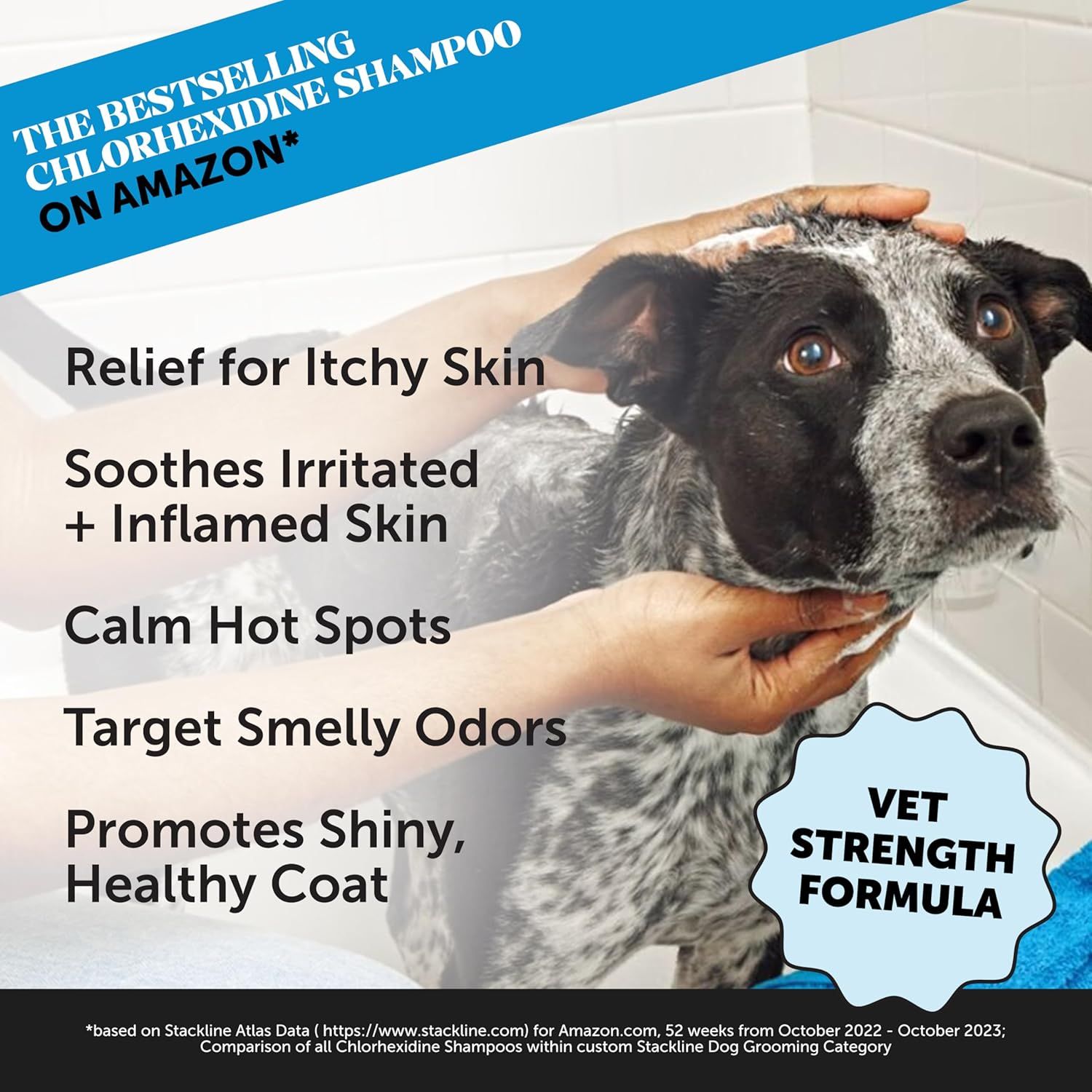 Communicates multiple distinct benefits of the chlorhexidine shampoo in a vertically stacked list format, reassuring shoppers that this product addresses…