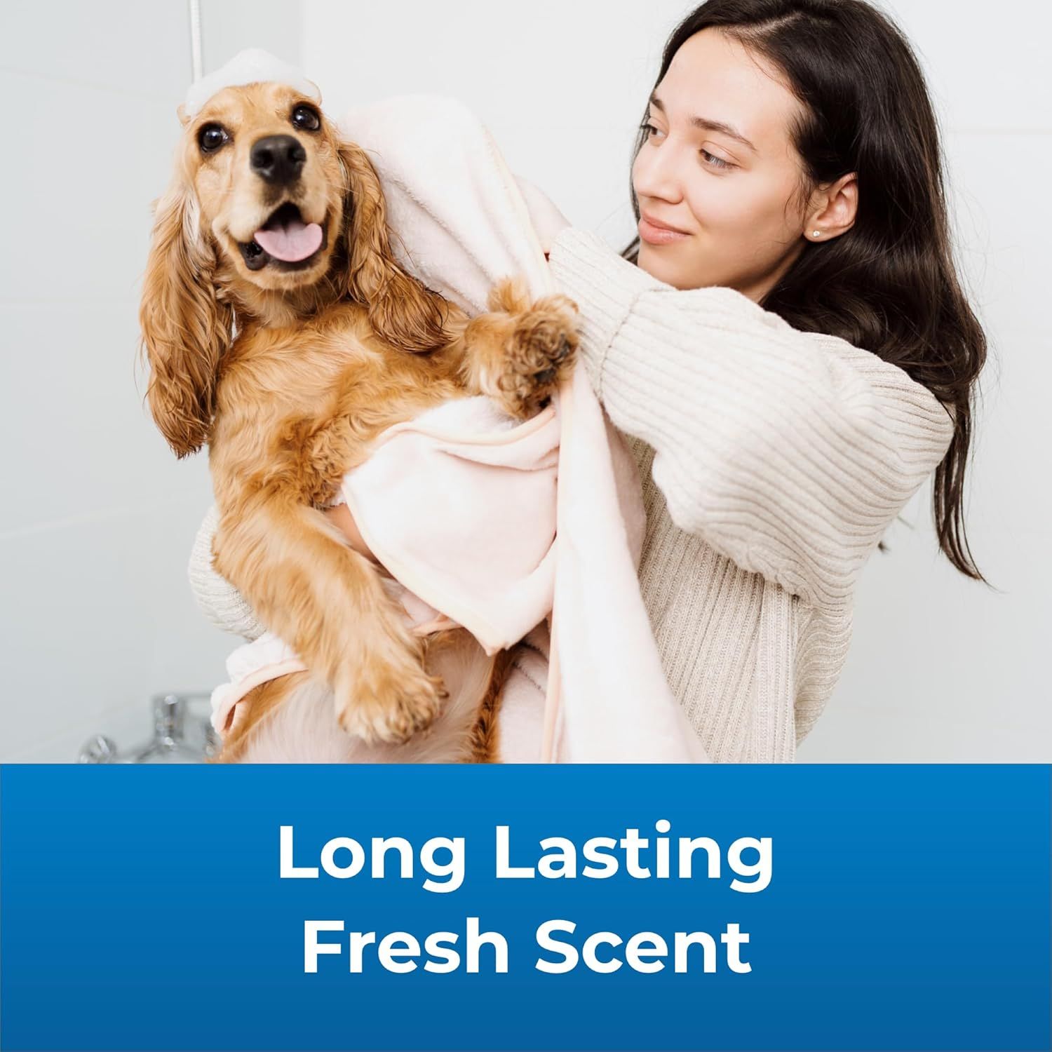 Communicates that the product keeps pets smelling fresh for an extended period, reassuring pet owners about lasting cleanliness and pleasant scent after…