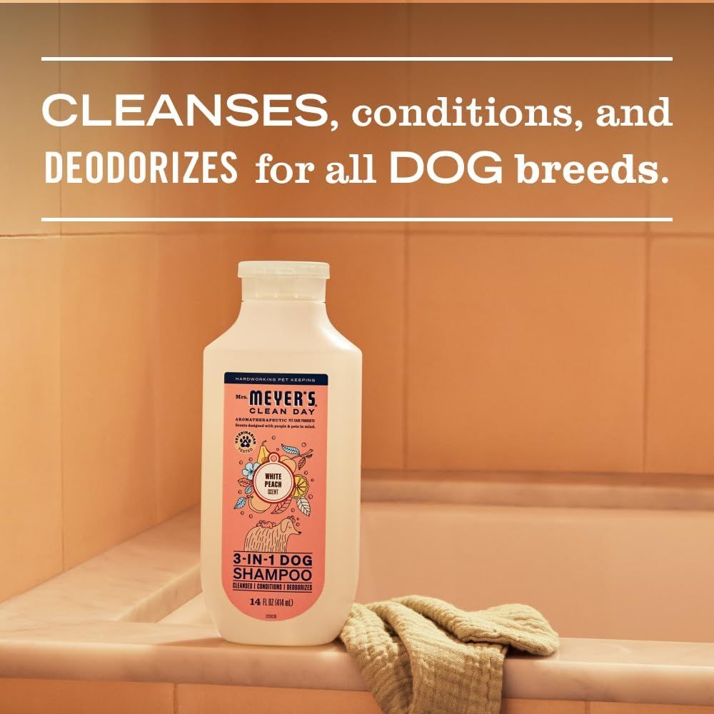 Communicates the 3-in-1 functionality of the dog shampoo, emphasizing that it cleanses, conditions, and deodorizes in one product for all dog breeds.
