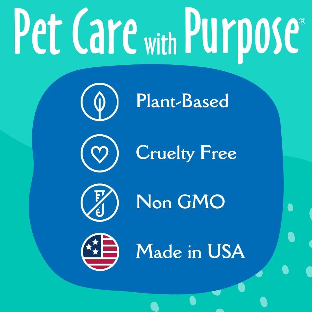 Communicates multiple ethical and quality attributes of the pet care product to reassure shoppers about the brand's values and product standards.