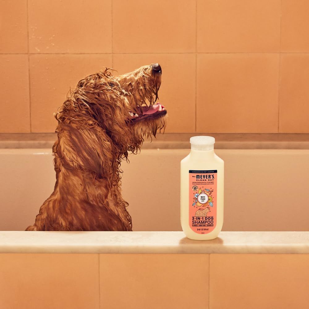 Shows the product in a real-world bathroom setting with a dog during bath time to help shoppers visualize the product in use and create an emotional connection.