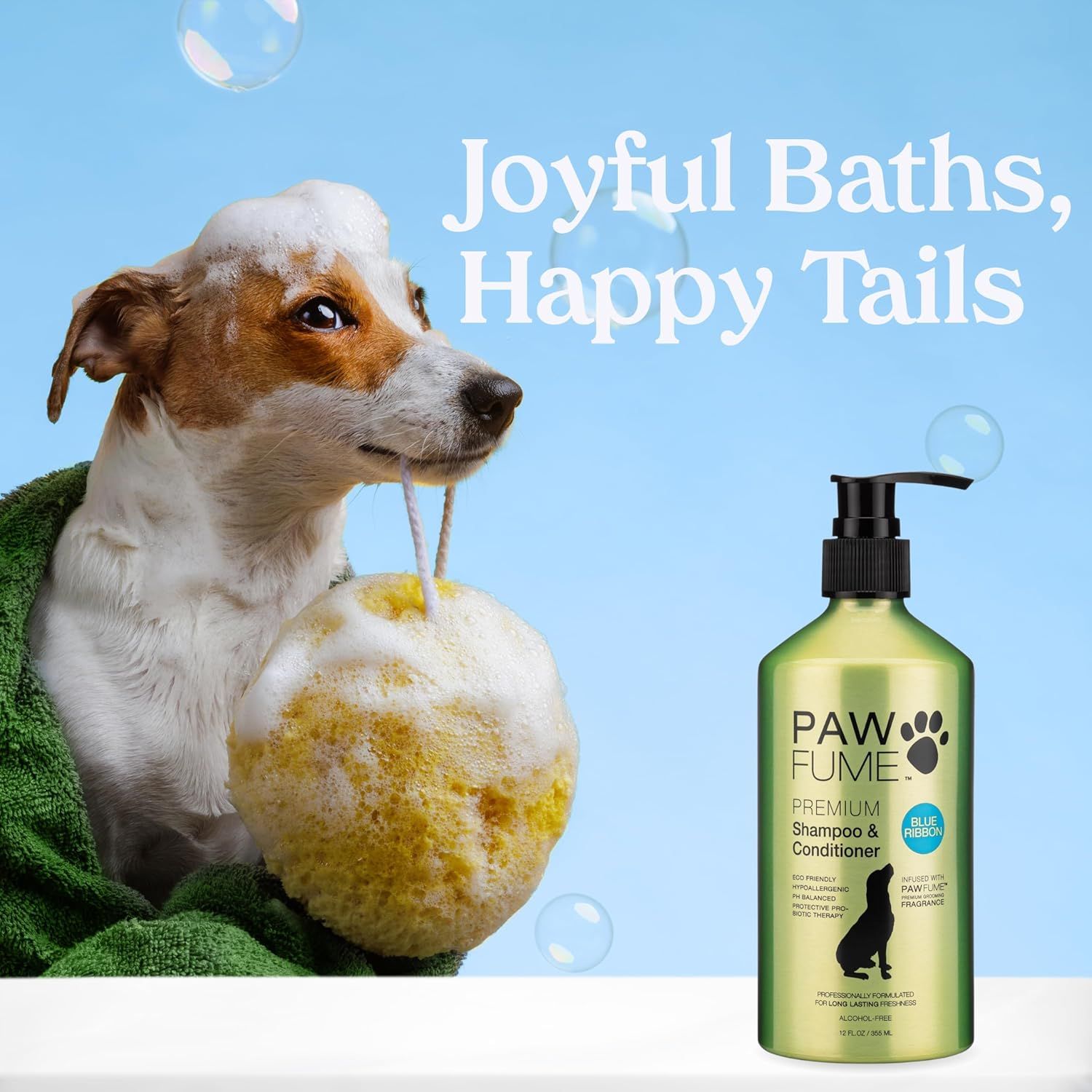 Creates an emotional connection by showing a happy dog enjoying bath time with the product, communicating that the shampoo makes bath time joyful and pleasant for pets.