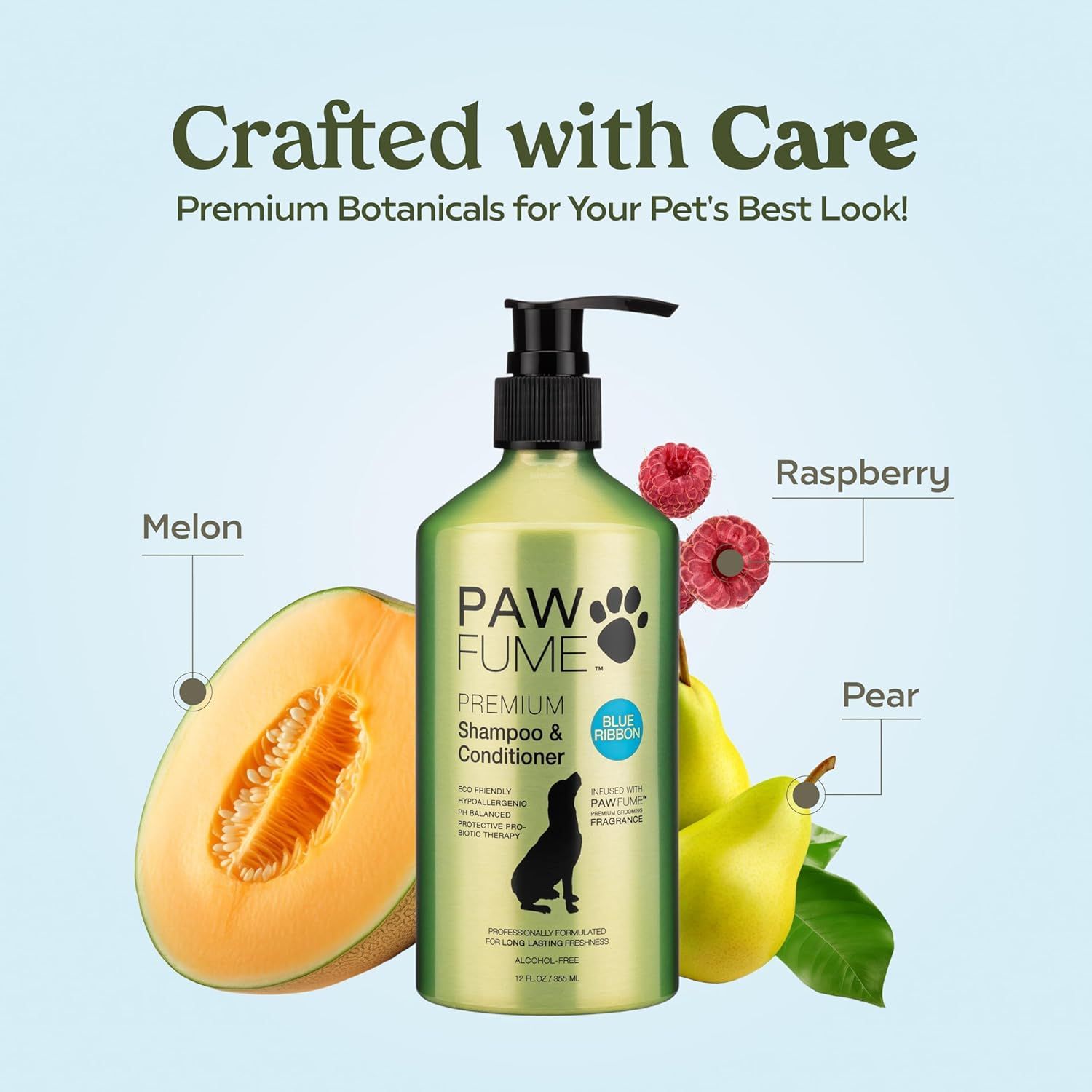 Highlights the natural botanical ingredients used in the pet shampoo formula to communicate quality and premium formulation to shoppers. Communicates the premium quality and natural botanical…