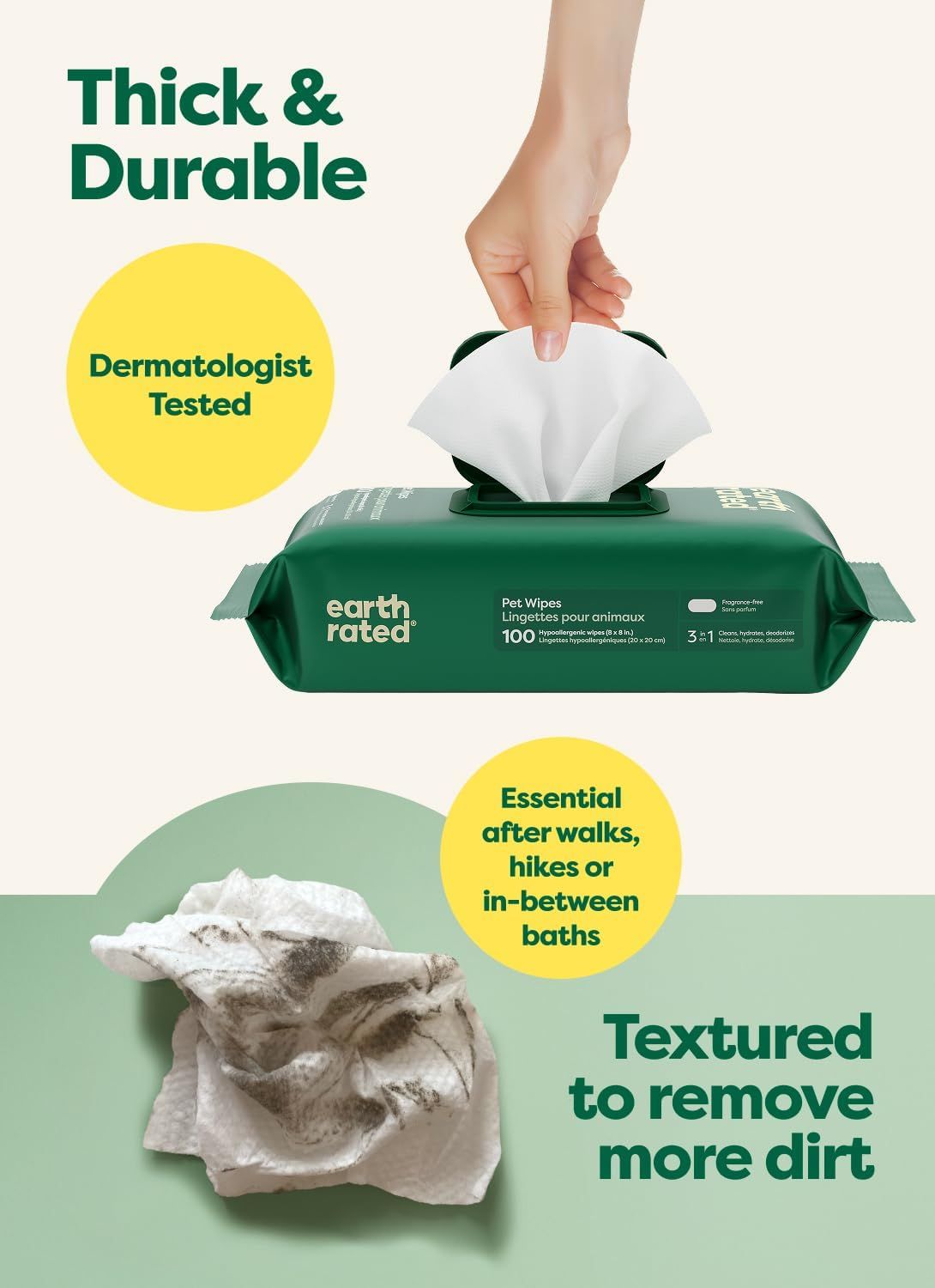 Communicates multiple key benefits of the pet wipes including durability, safety testing, cleaning effectiveness, and versatility for various pet care scenarios to reassure shoppers of the product's…