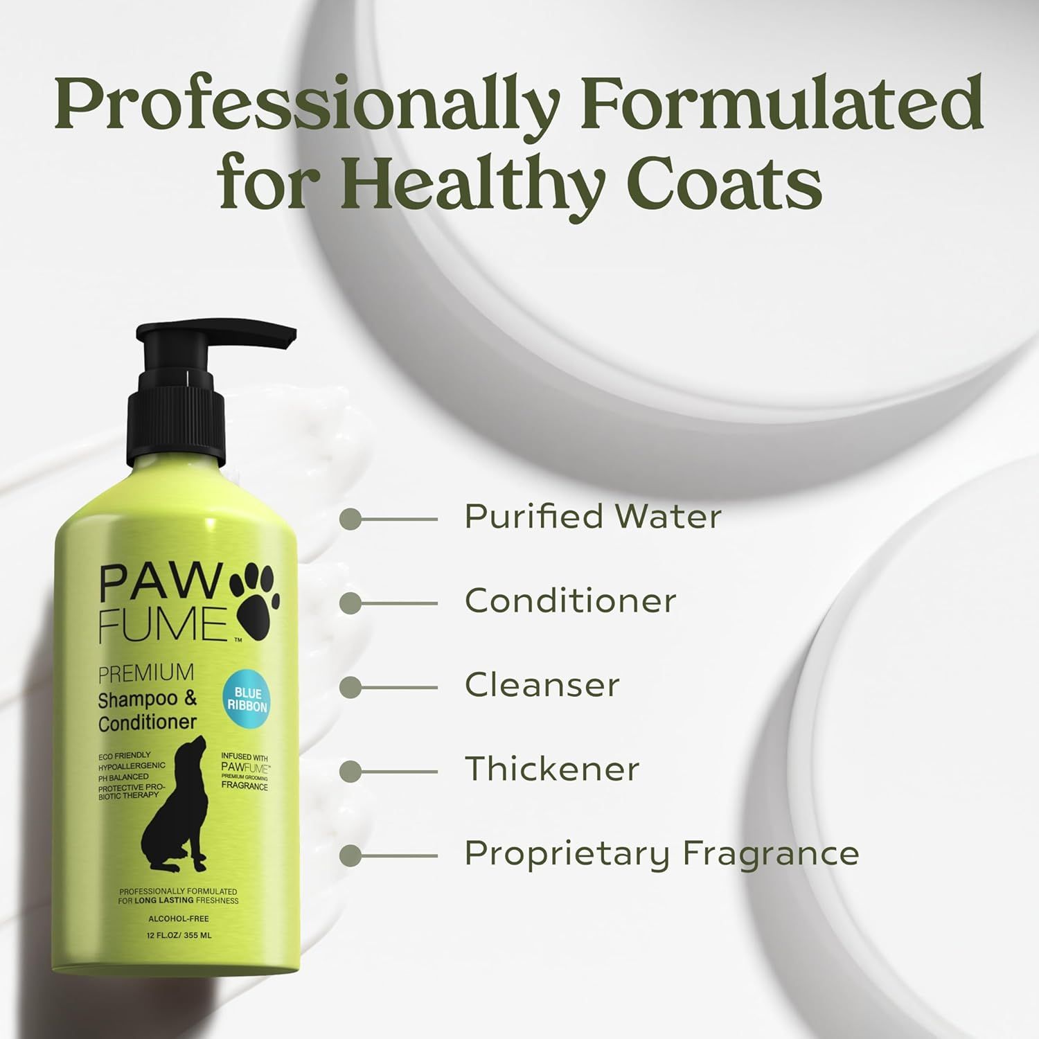 This image breaks down the key ingredients in the pet shampoo formula to reassure shoppers about the professional formulation and quality components that contribute to healthy coats. Communicates…