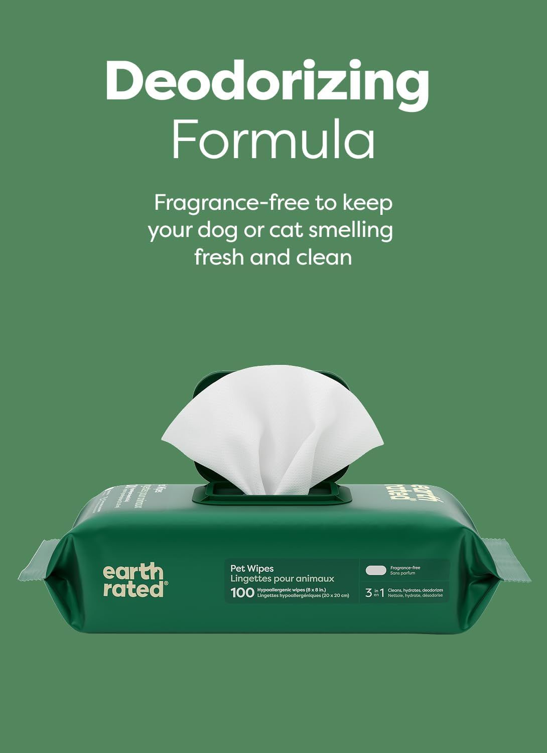 Communicates that the pet wipes feature a deodorizing formula that is fragrance-free, keeping pets smelling fresh and clean without added scents.