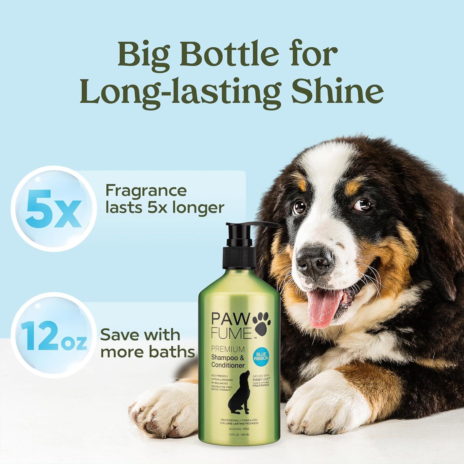 Communicates the product's superior fragrance longevity (5x longer) and larger bottle size (12oz) to emphasize value and performance benefits for pet owners. Highlights the primary benefit of…