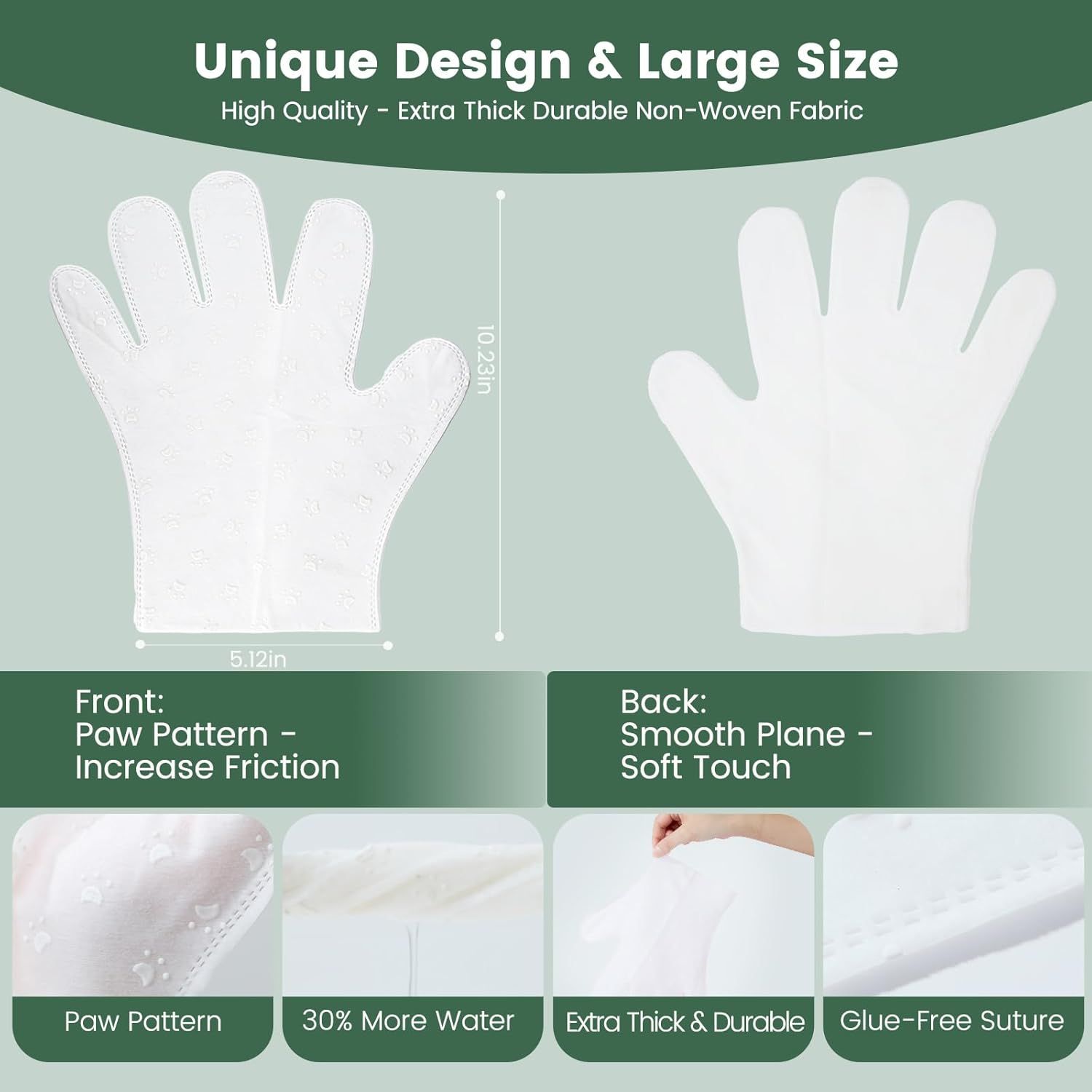 Communicates multiple distinct product benefits in a segmented layout, including size dimensions, dual-sided design features, material quality, and…