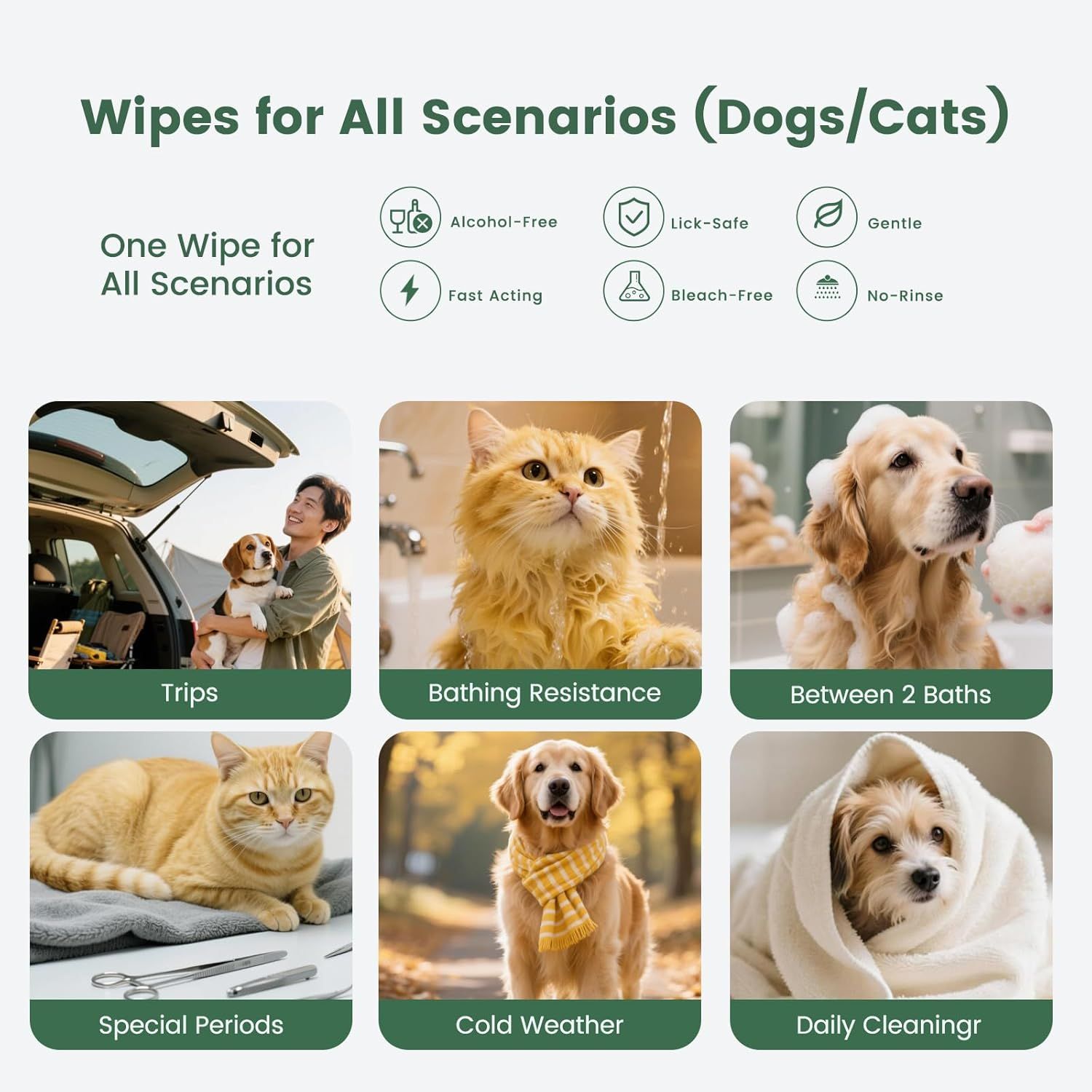 Demonstrates the product's versatility by showing six different scenarios where pet wipes can be used (trips, bathing, between baths, special periods, cold…
