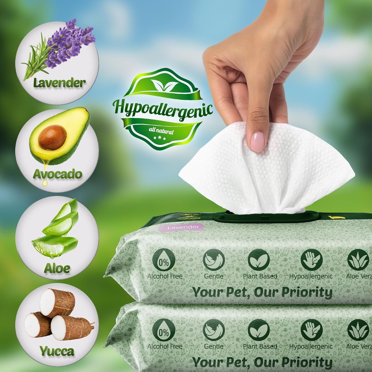 Communicates multiple product benefits in a segmented layout, highlighting the natural, safe, and gentle ingredients used in these pet wipes to reassure pet…