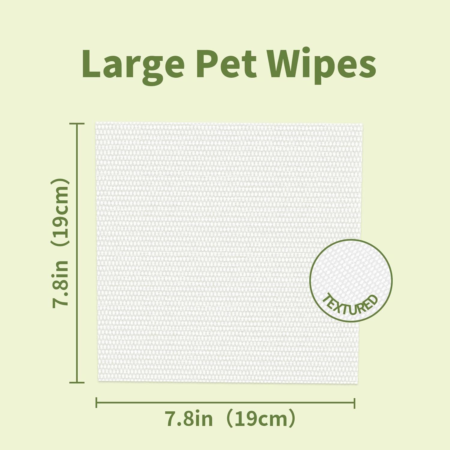 Communicates the physical dimensions of the pet wipes (7.8in x 7.8in / 19cm x 19cm) to help shoppers understand the product size and coverage area.