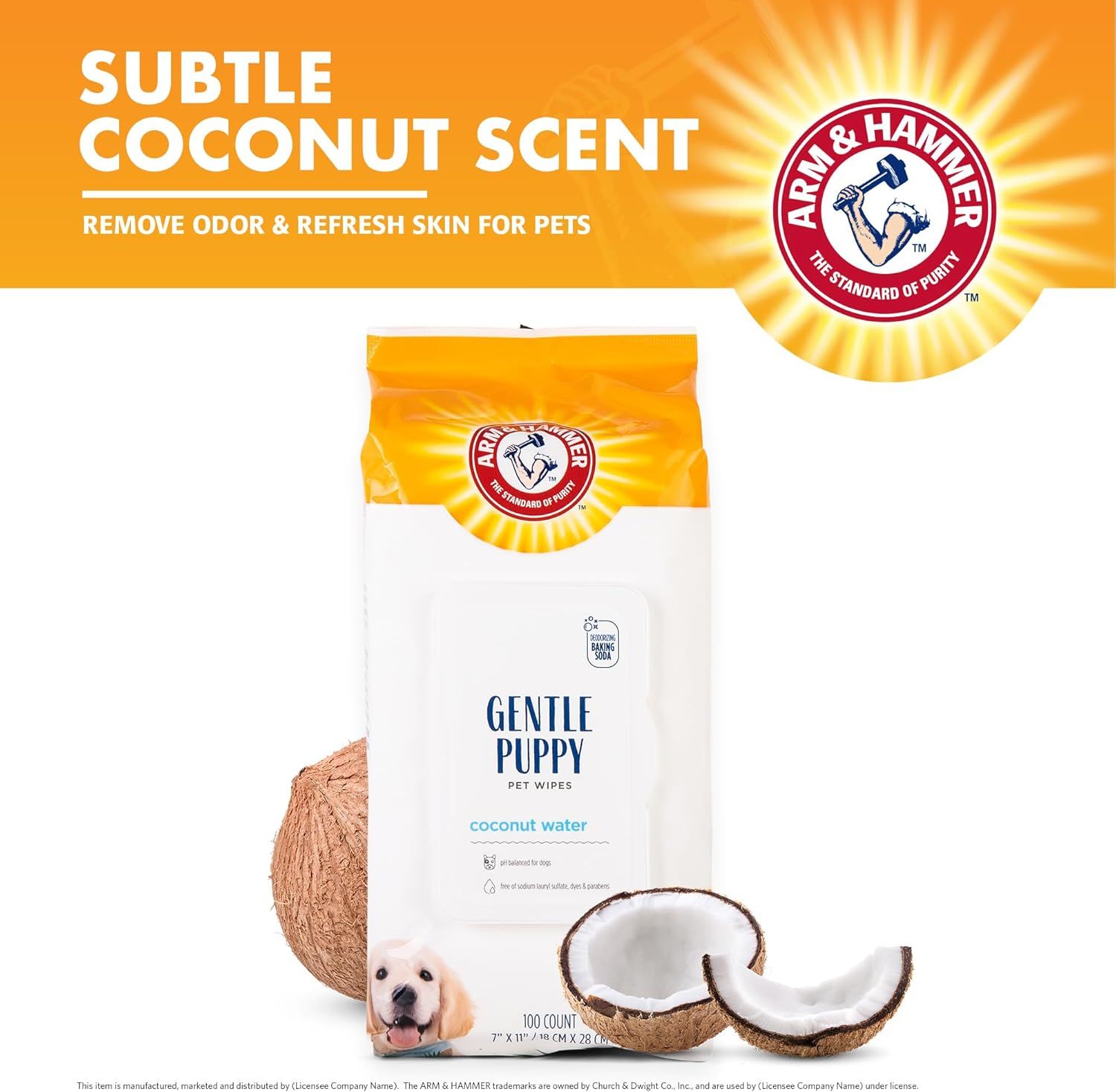 Highlights the product's pleasant coconut scent and dual benefits of removing pet odors while refreshing their skin, reassuring pet owners of a gentle and effective cleaning solution.