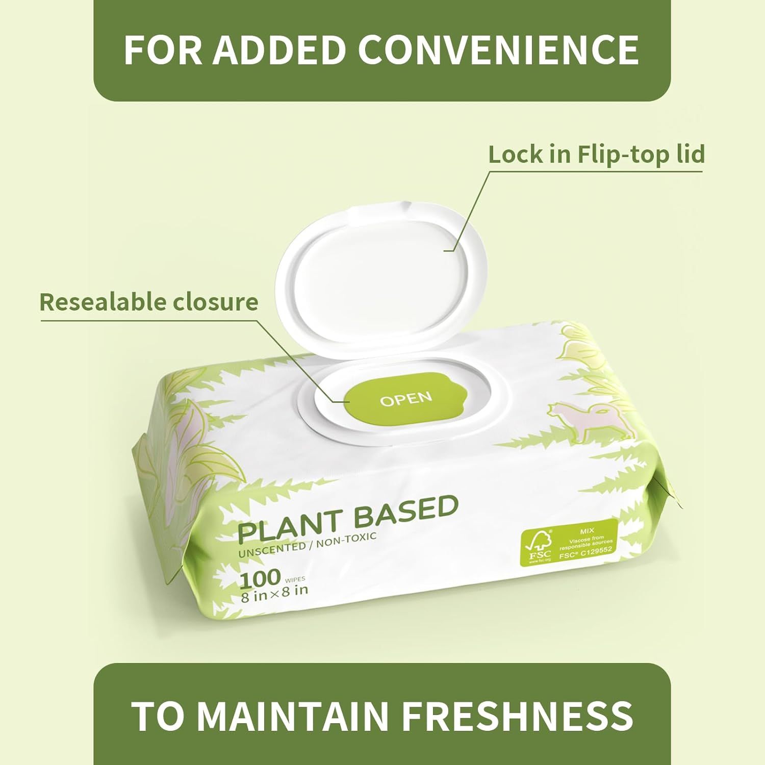Highlights the physical components of the wipes packaging that provide convenience and maintain freshness, showing shoppers how the lid and closure mechanism work. Communicates the key benefit that…