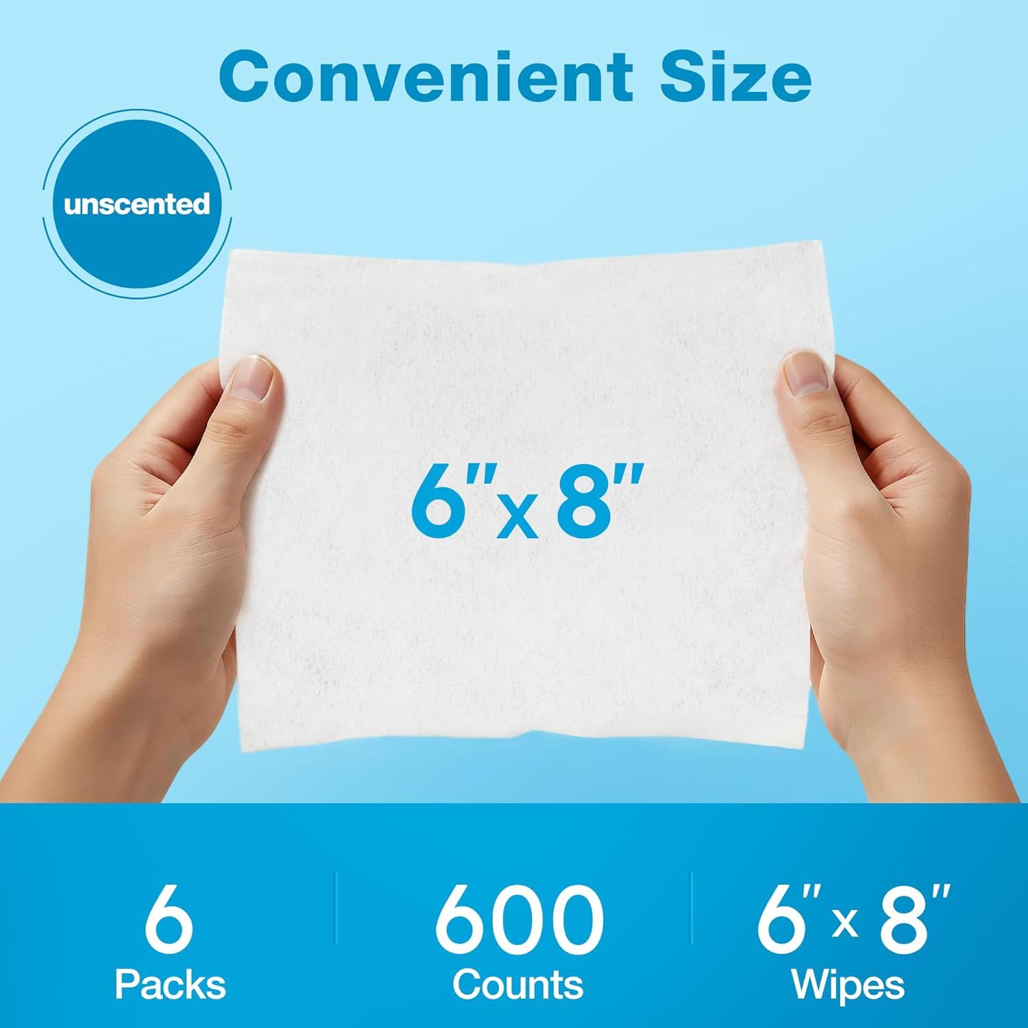 Communicates the physical dimensions of the wipes (6 x 8 inches) to help shoppers understand the product size and usability, while also highlighting the unscented feature and pack contents.…