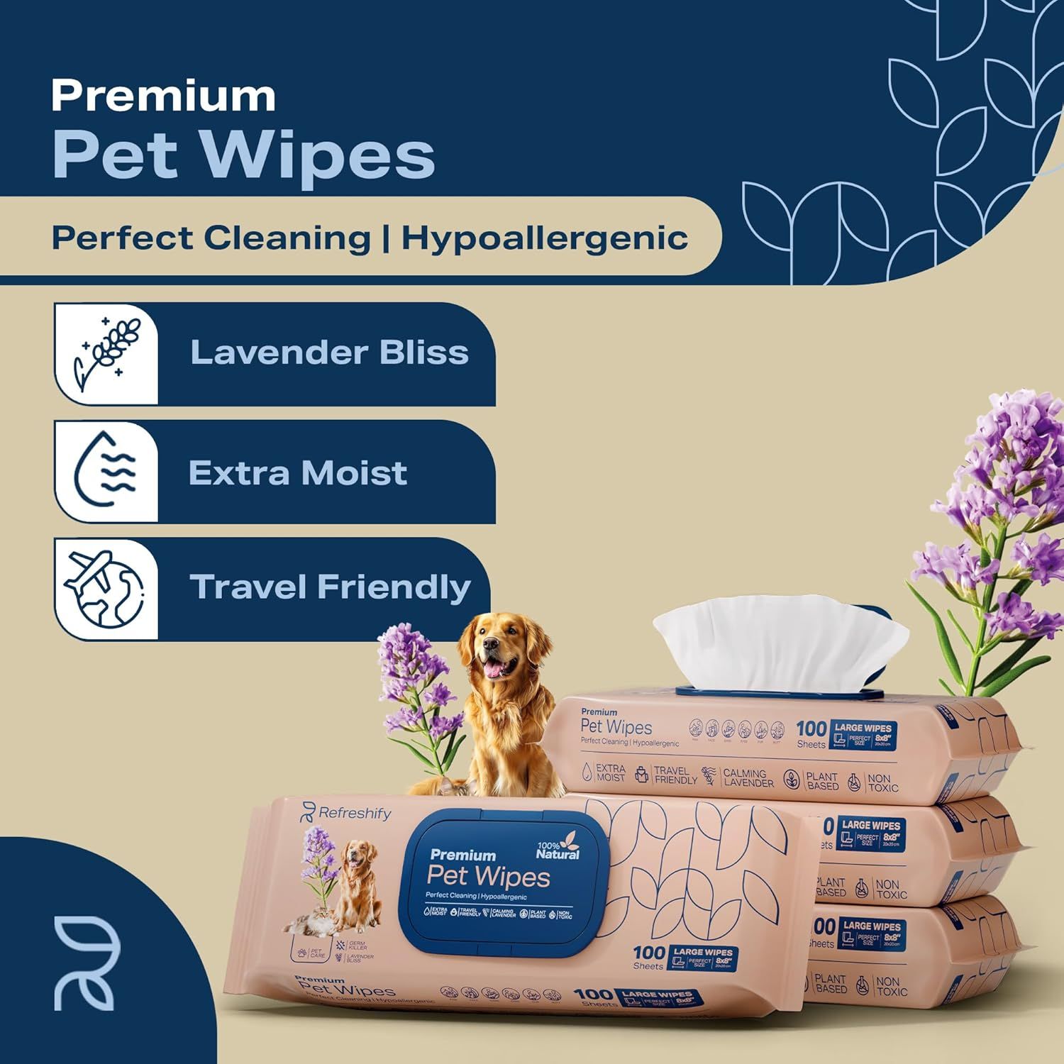 Communicates multiple distinct product benefits in a segmented layout to show shoppers the variety of features these premium pet wipes offer, including scent,…
