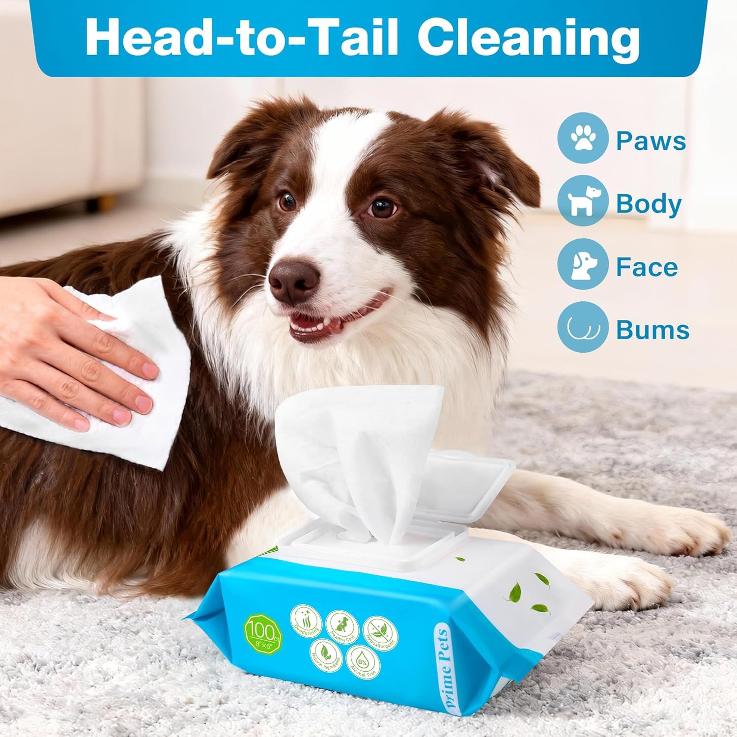 Demonstrates the versatility of the pet wipes by showing they can be used to clean multiple areas of the pet (paws, body, face, and bums), reassuring shoppers of the product's comprehensive cleaning…
